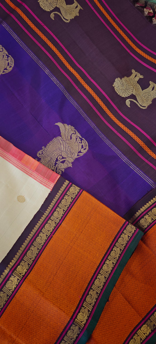 Cream and Brown Kanjivaram silk saree with 4 pallu