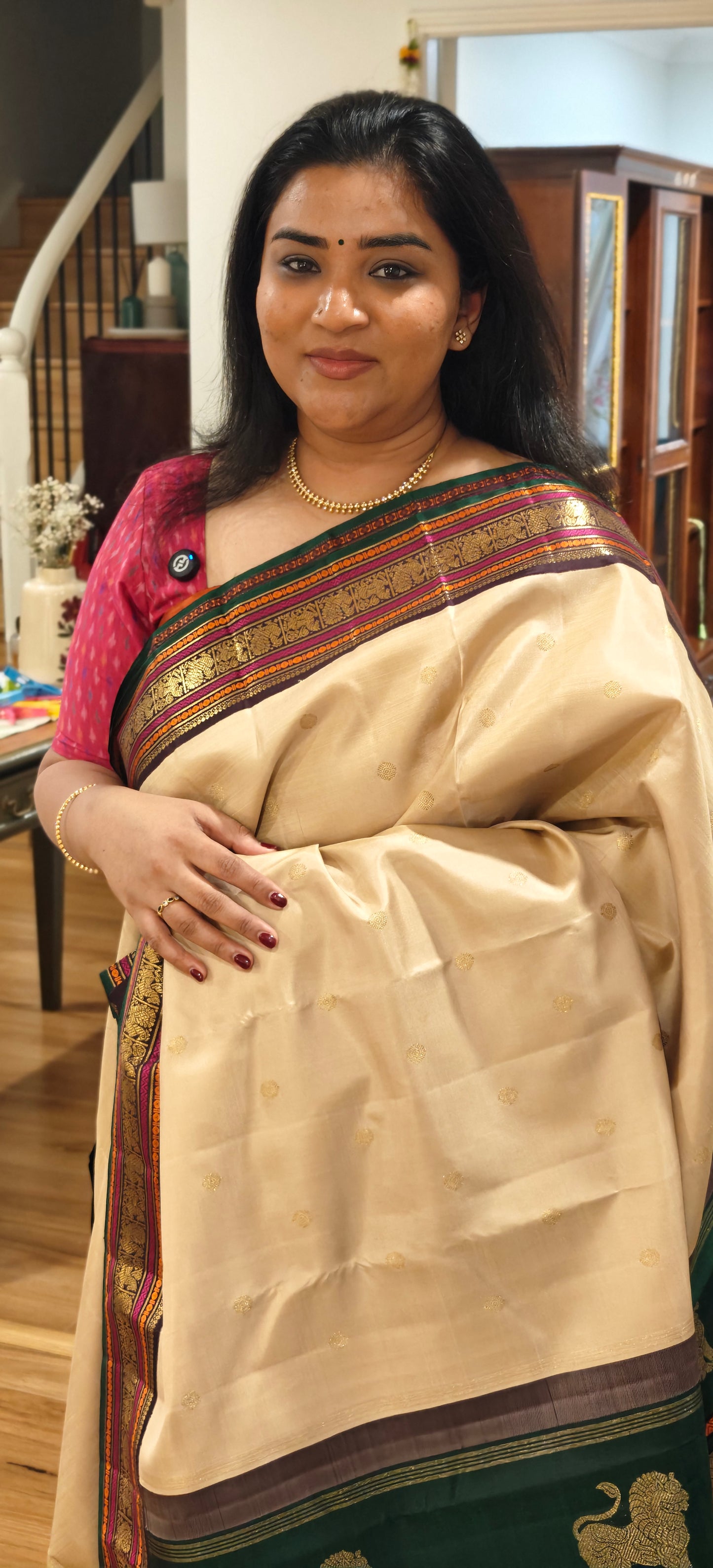 Cream and Brown Double Pallu Kanjivaram silk saree
