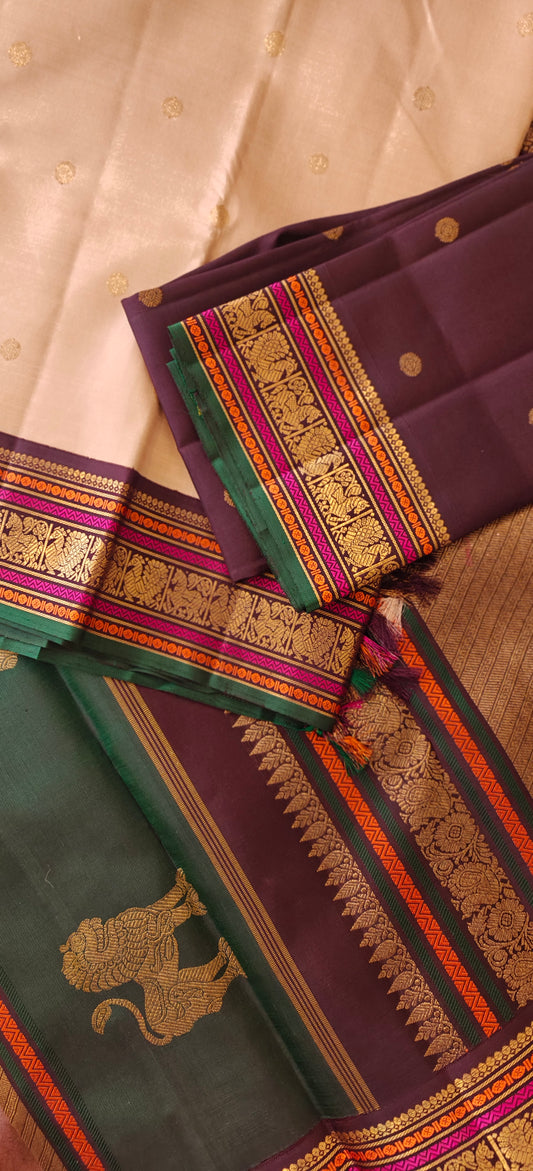 Cream and Brown Double Pallu Kanjivaram silk saree