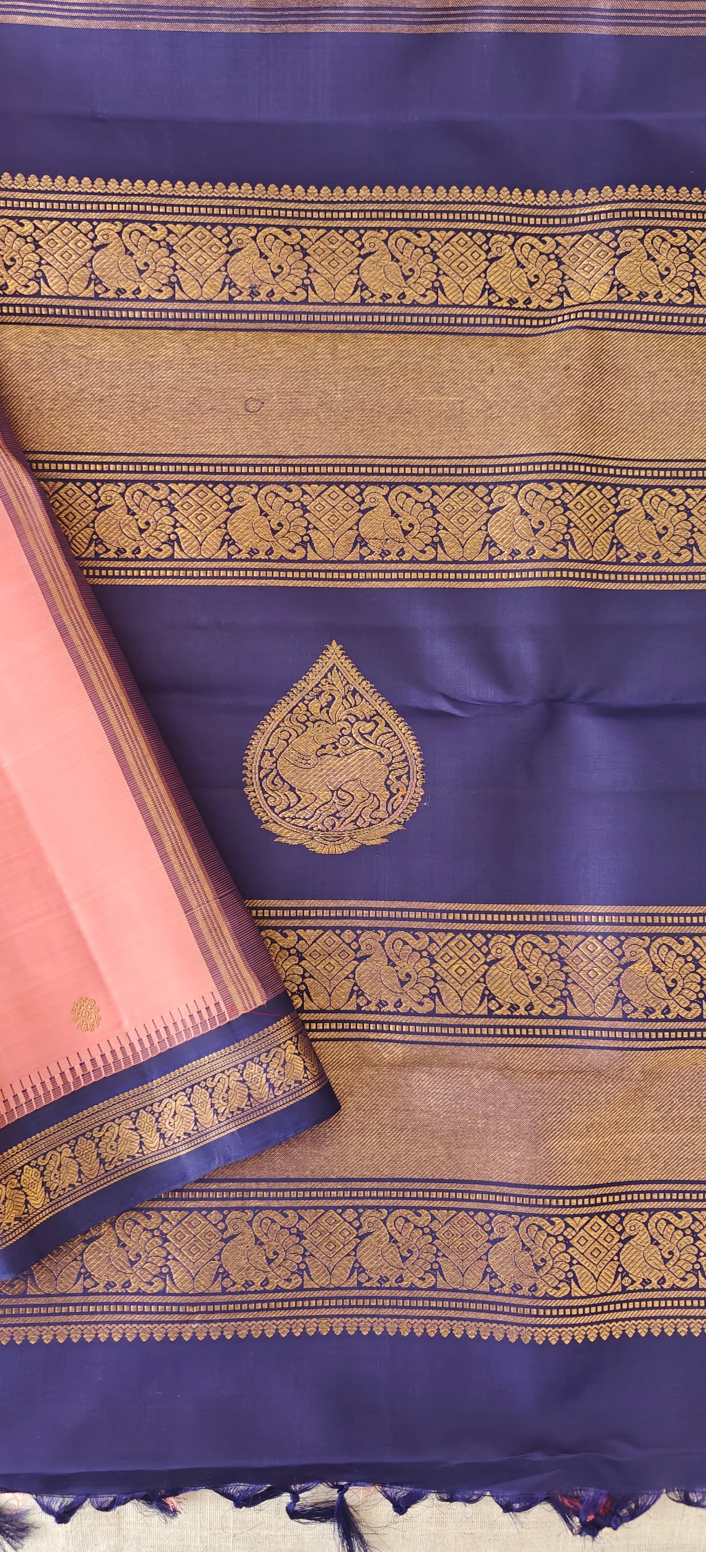 Salmon Pink with Navy Blue Kanjivaram silk saree | 3g zari
