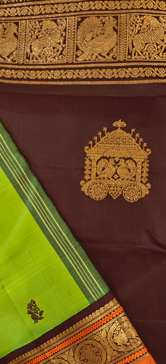 Leafy Green and Coffee brown Kanjivaram silk saree