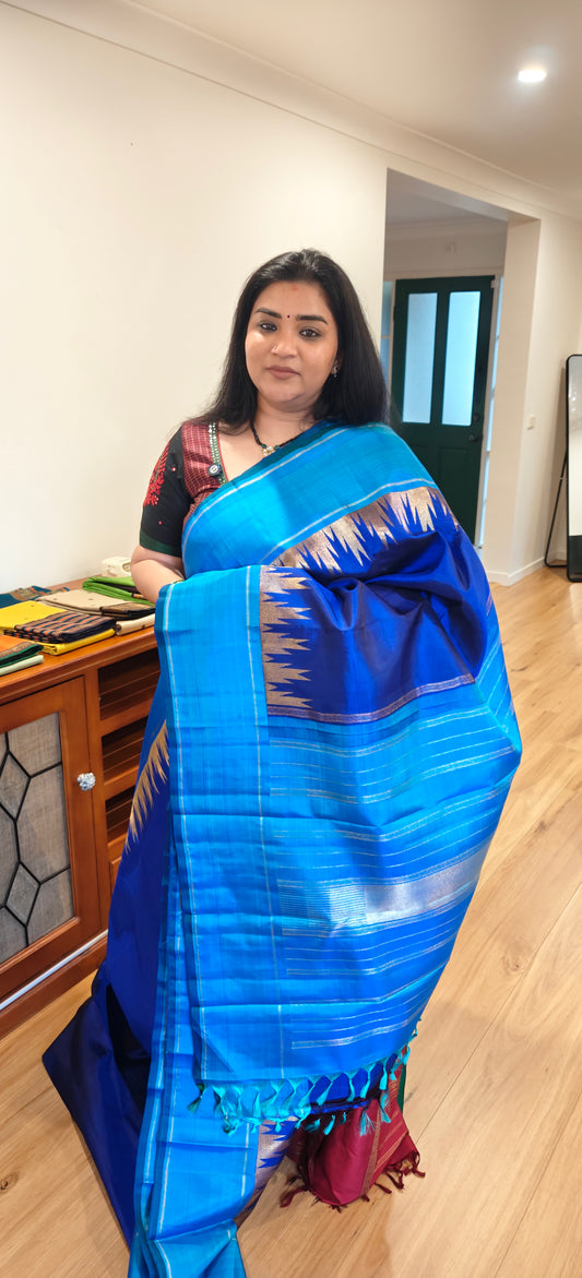 Ettu Kol Blue and Turquoise kanjivaram silk saree