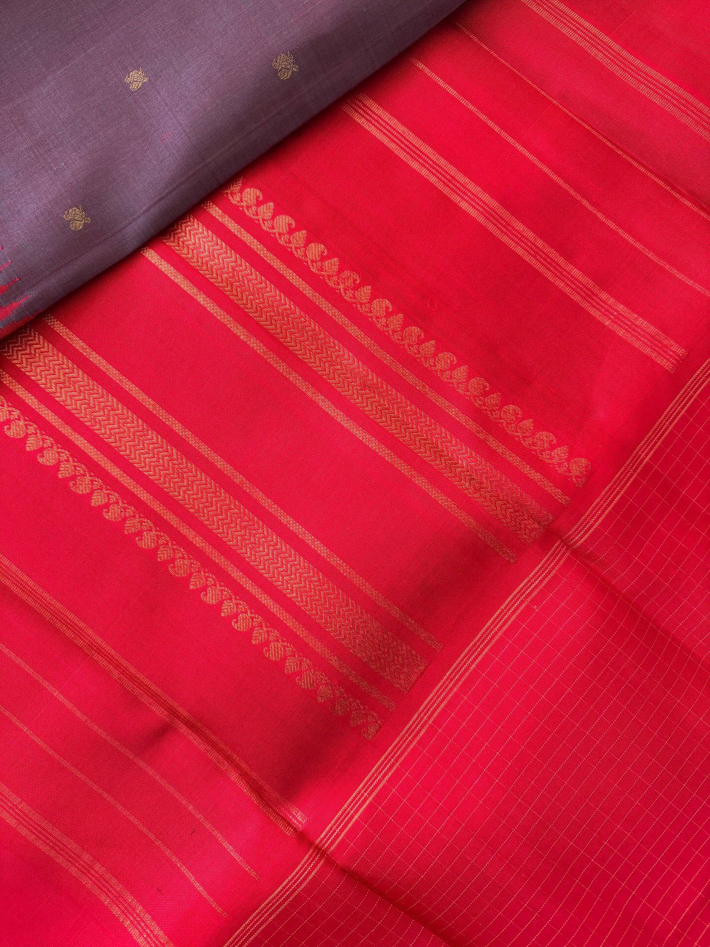 Grey with purple undertone and Red Mubbagam kanjivaram