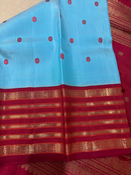 Blue and red Kanjivaram silk saree
