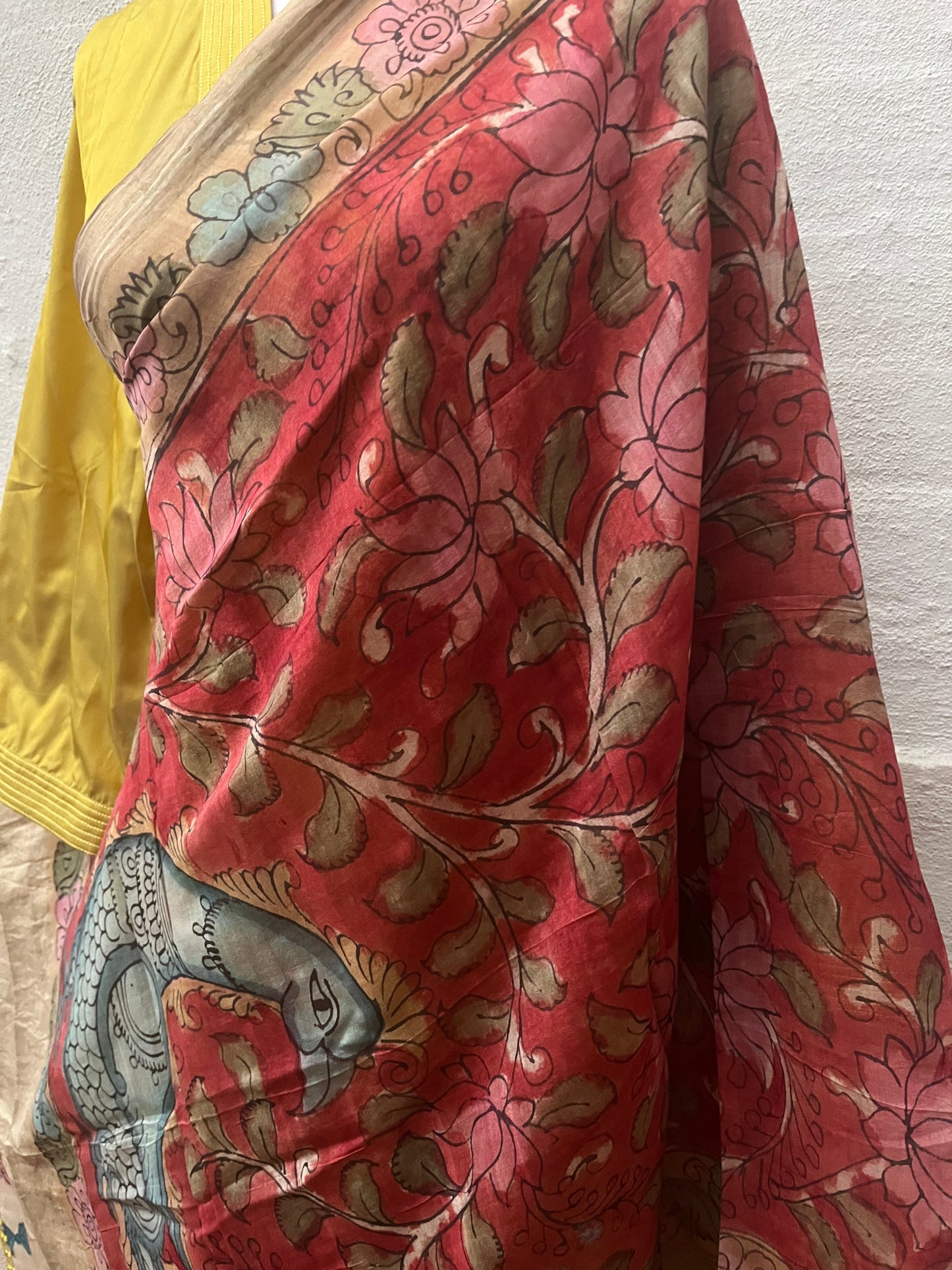 Kalamkari Chanderi Silk Dupatta- Red