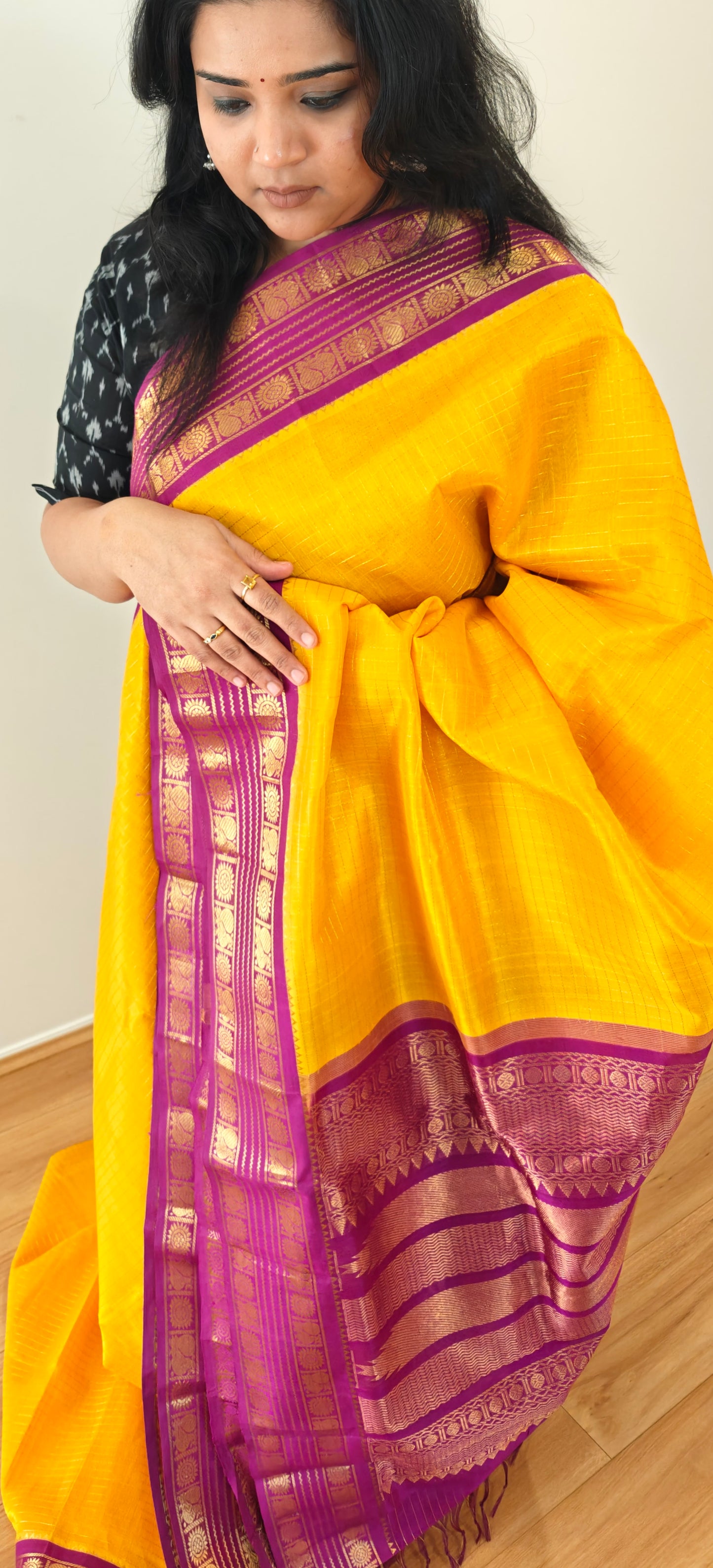 Mango Yellow and Violet -Kanjivaram Silk Cotton Sari