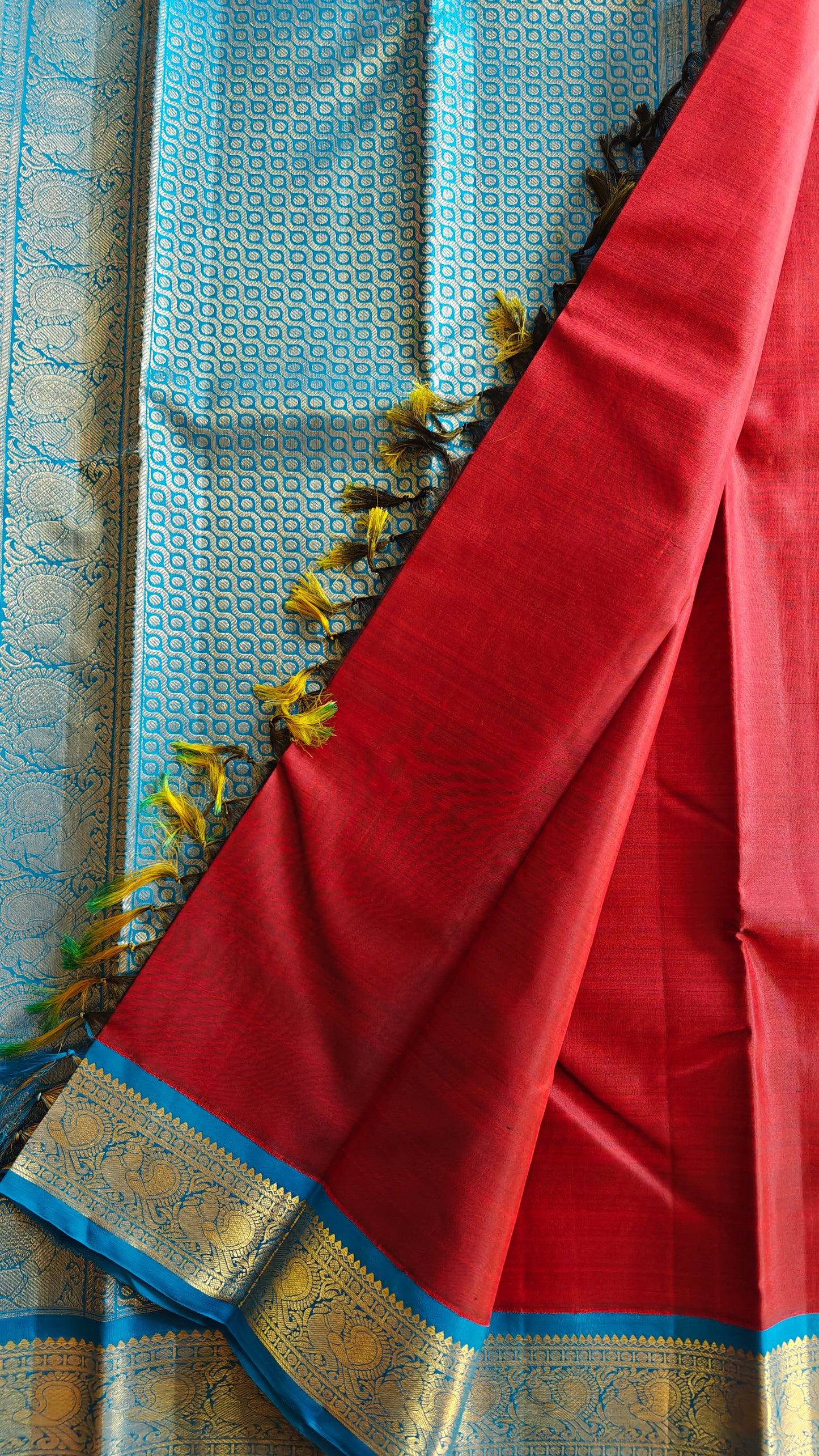 Wine Red and Blue korvai -Kanjivaram Silk Saree
