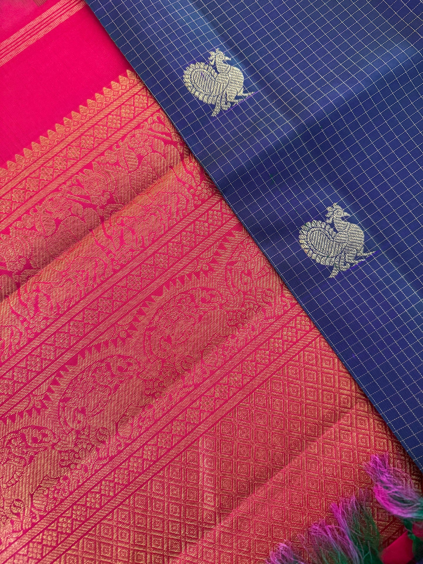 Peacock Blue and Pink Zari Kattam -Kanjivaram Silk Saree