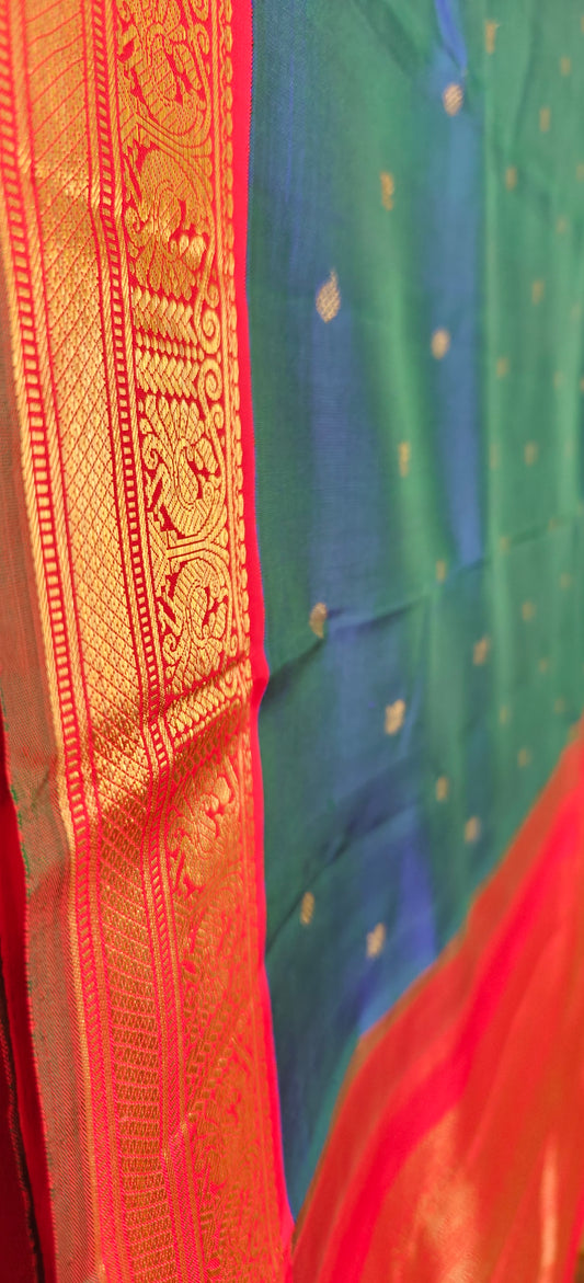 Peacock blue with Red Kanjeevaram silk saree