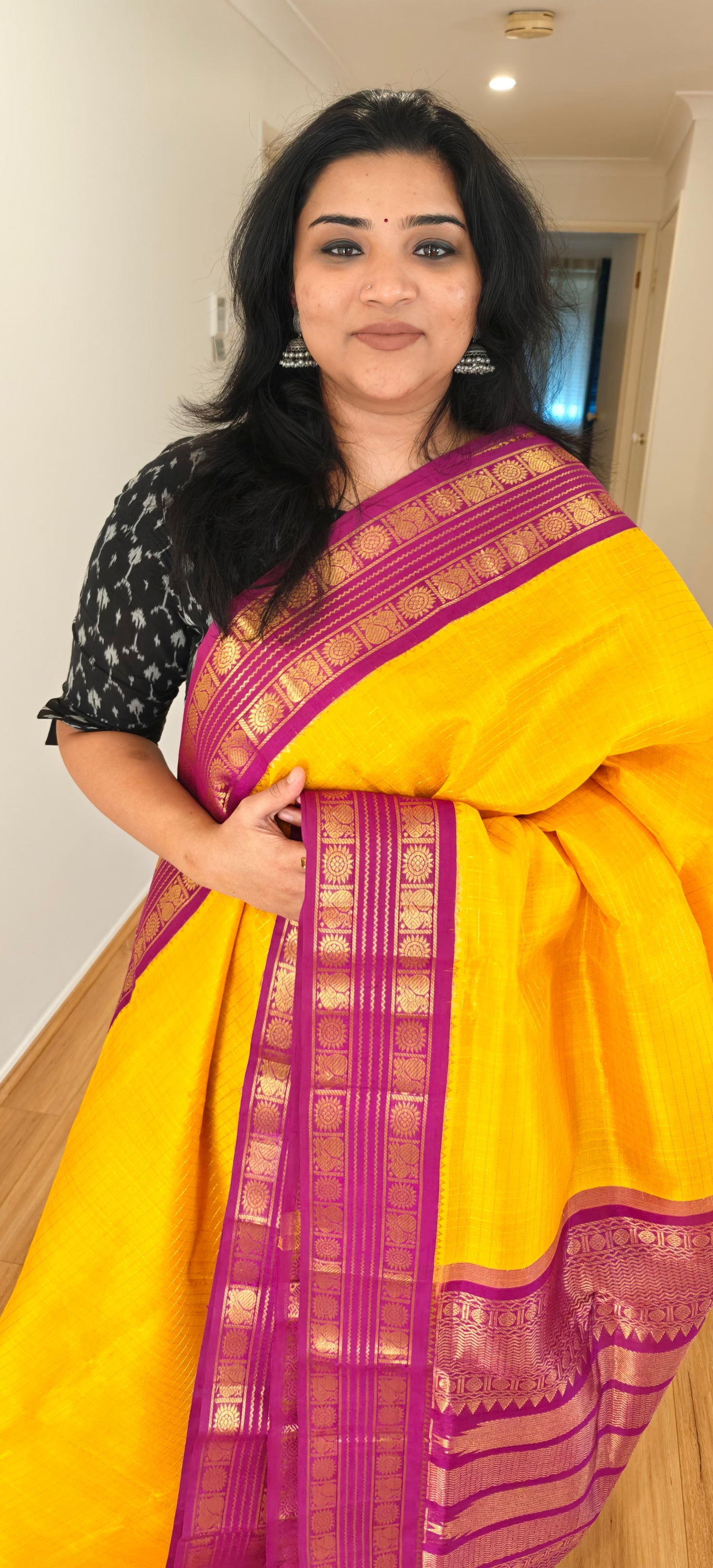 Mango Yellow and Violet -Kanjivaram Silk Cotton Sari