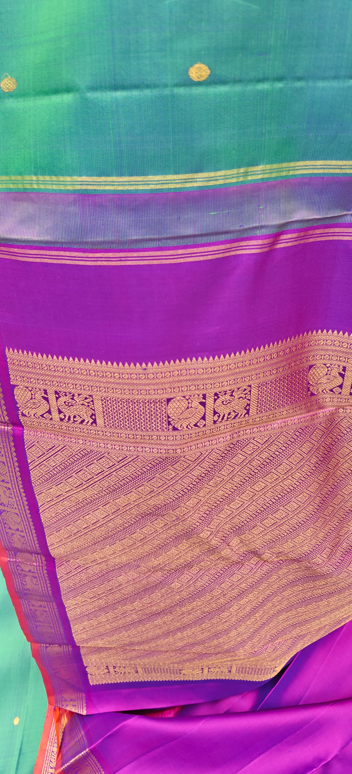 Pre Order:Peacock Green and Violet- Kanjivaram Silk Saree