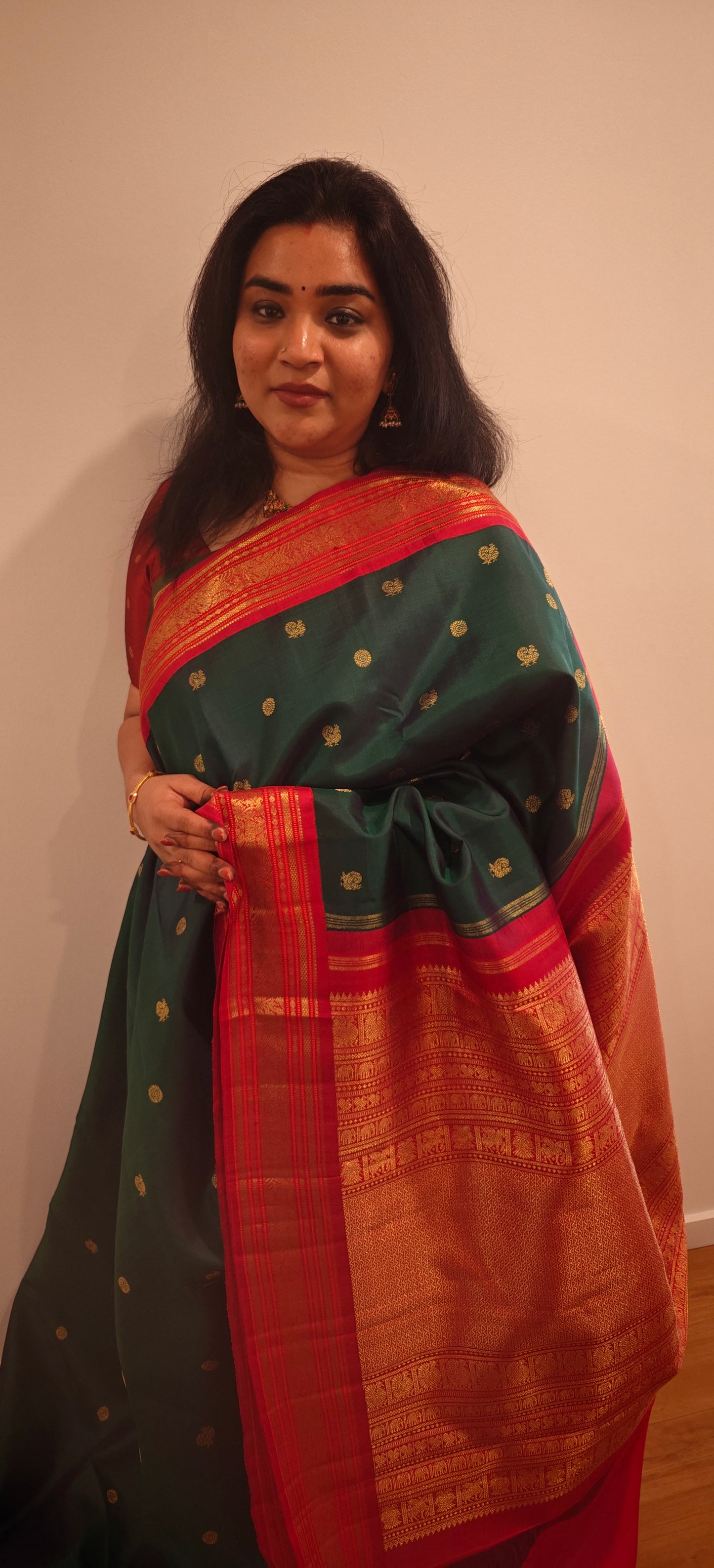 Peacock green with Kumkum red kanjivaram silk saree