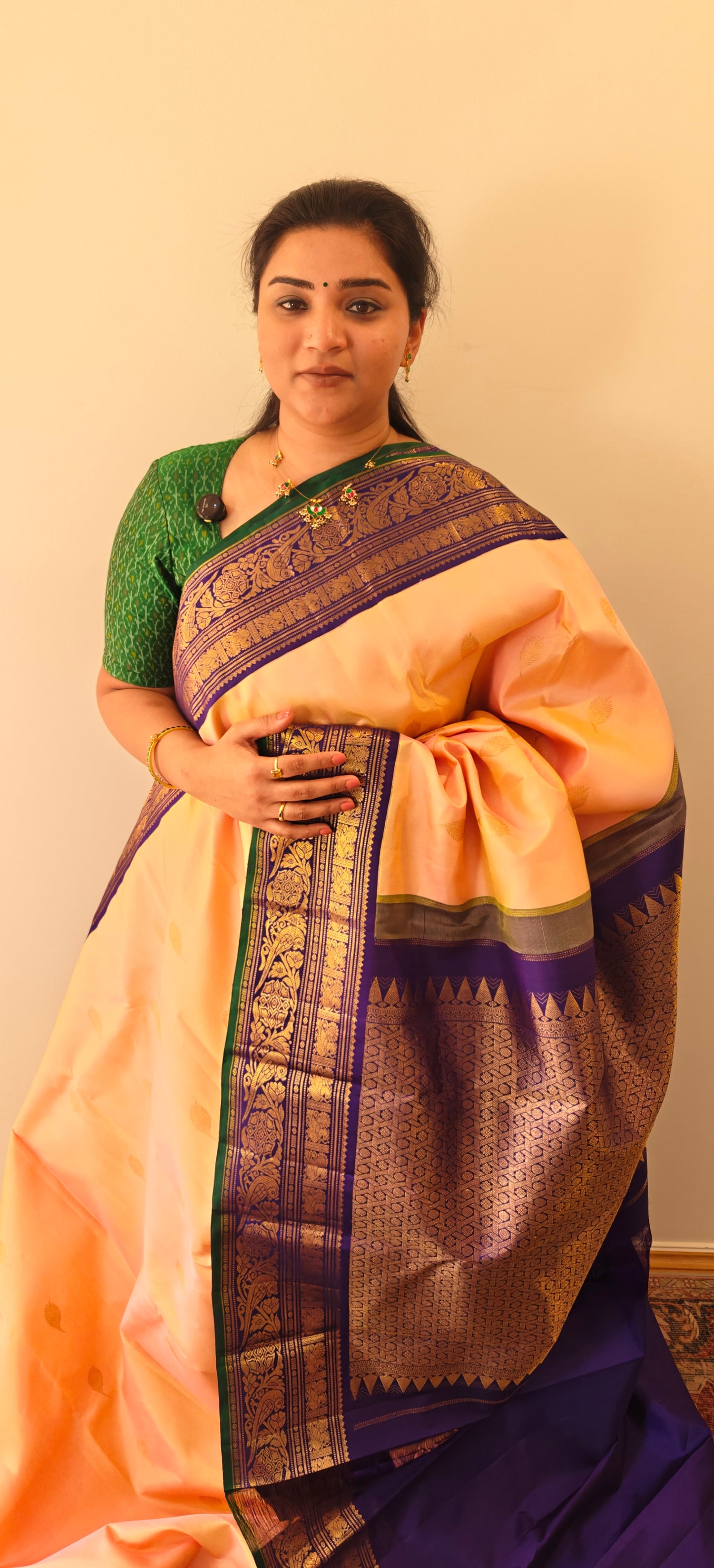Beige with pink dual tone and blue border-Kanjivaram Silk Saree