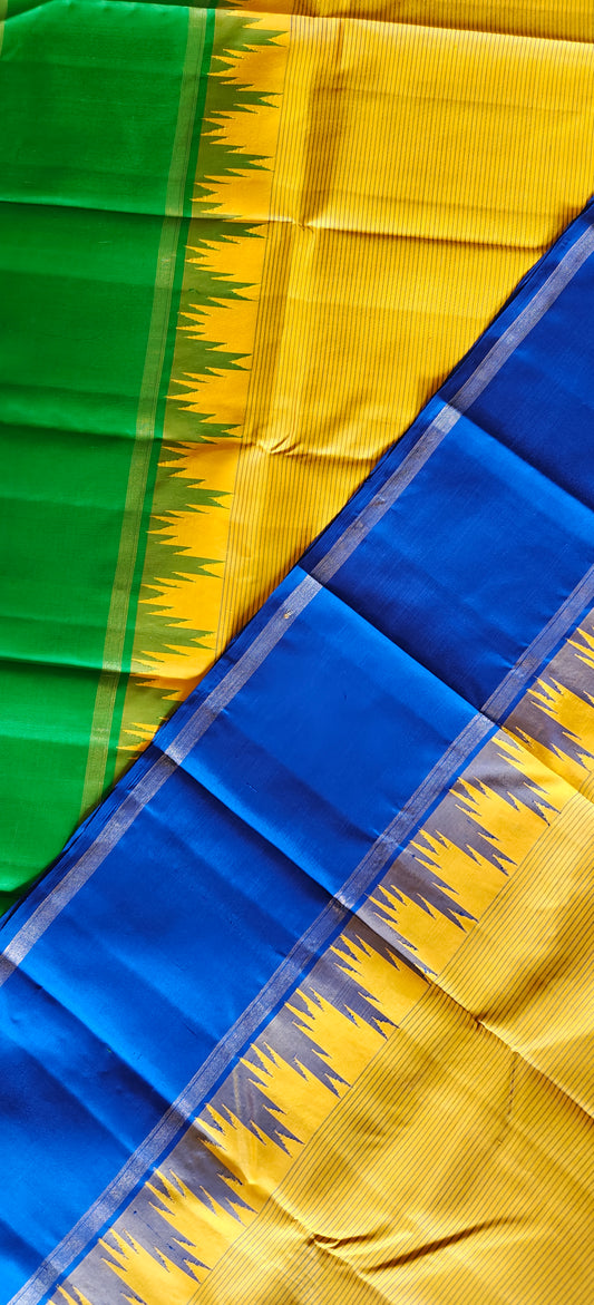 Yellow with green and blue ganga jamuna-Kanjivaram Silk Saree