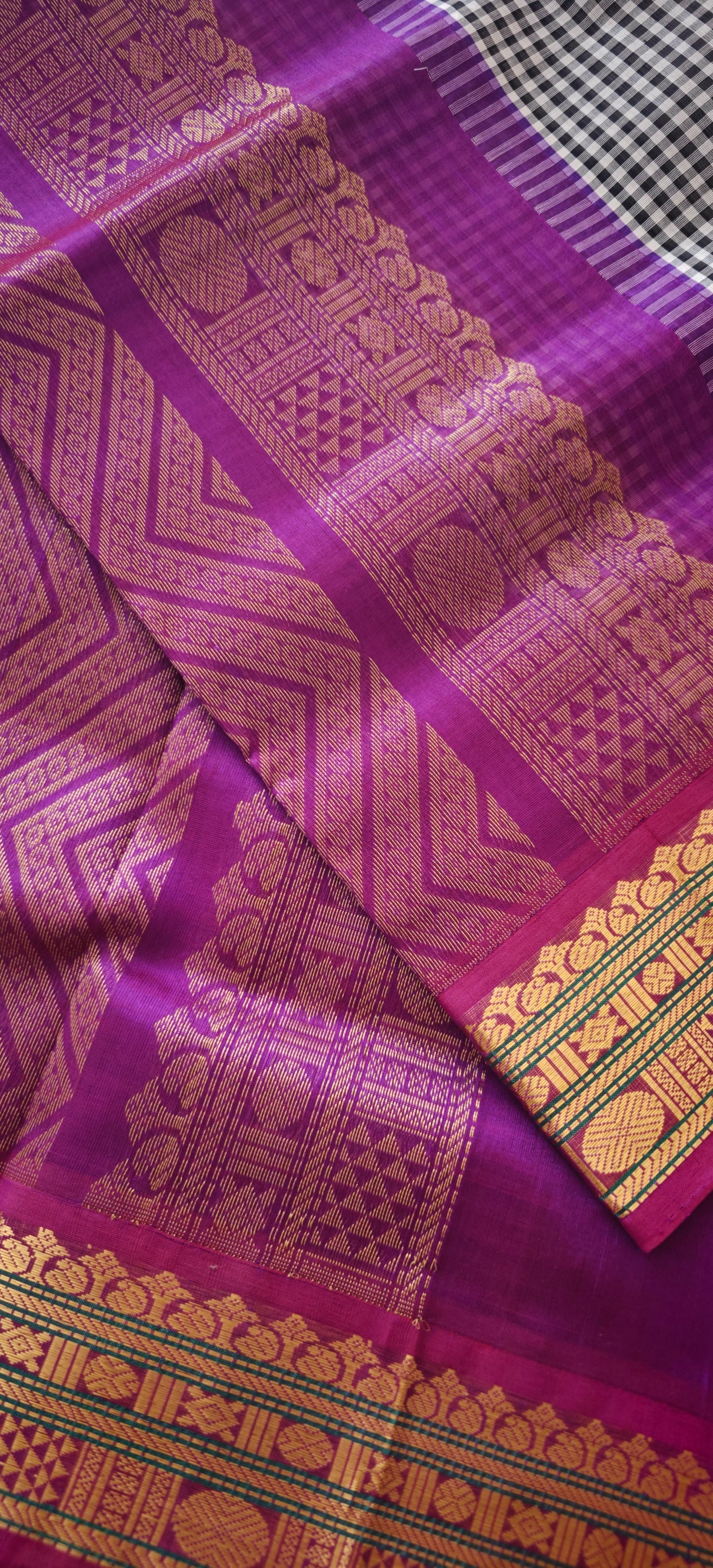 Black and white checks with purple Kanjivaram silk cotton