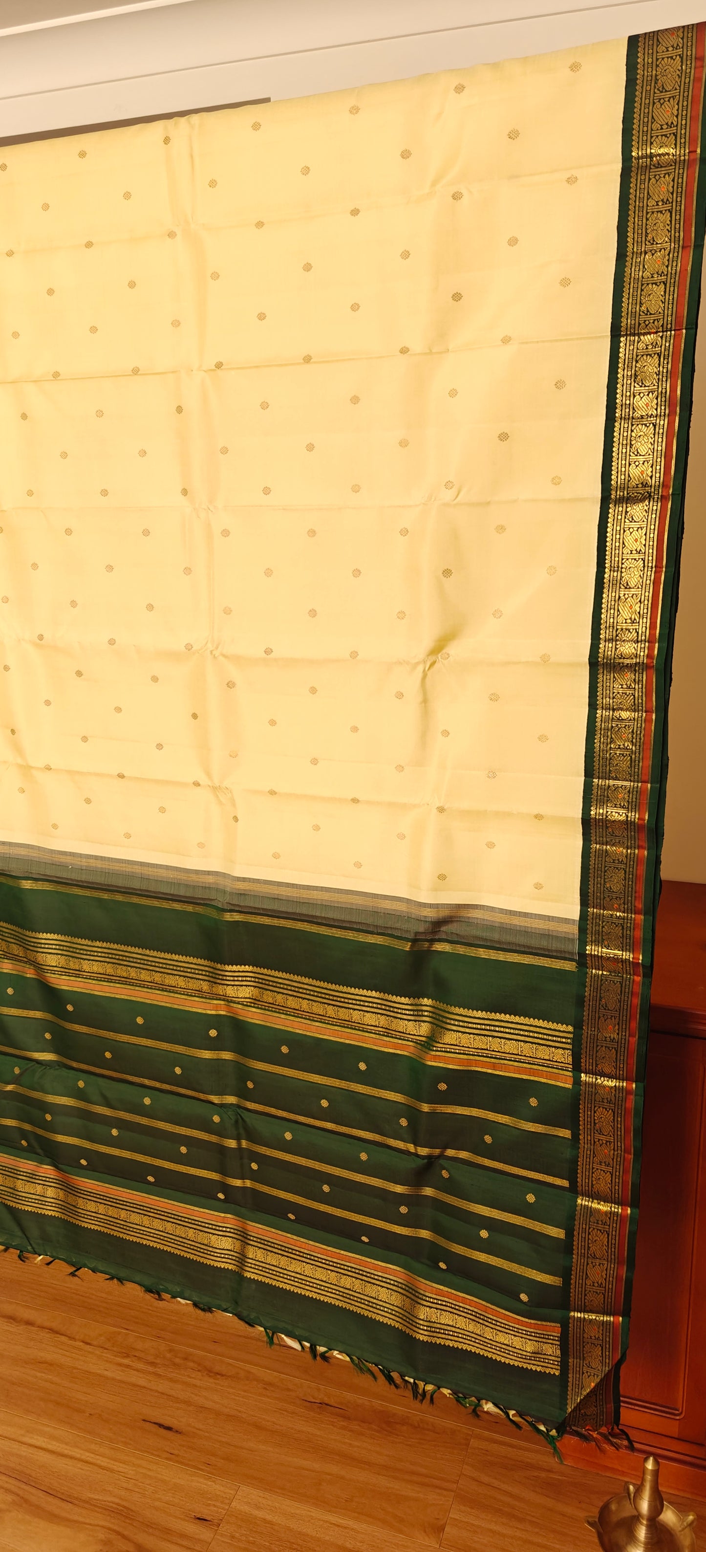 Cream and green kanjivaram silk saree