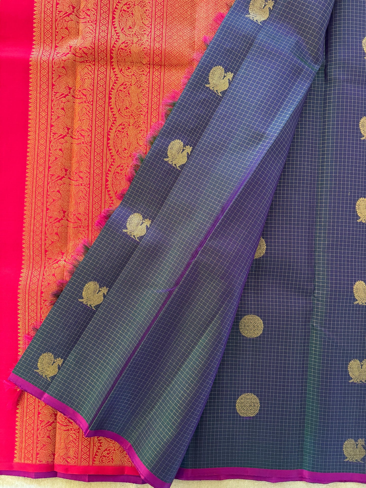 Peacock Blue and Pink Zari Kattam -Kanjivaram Silk Saree