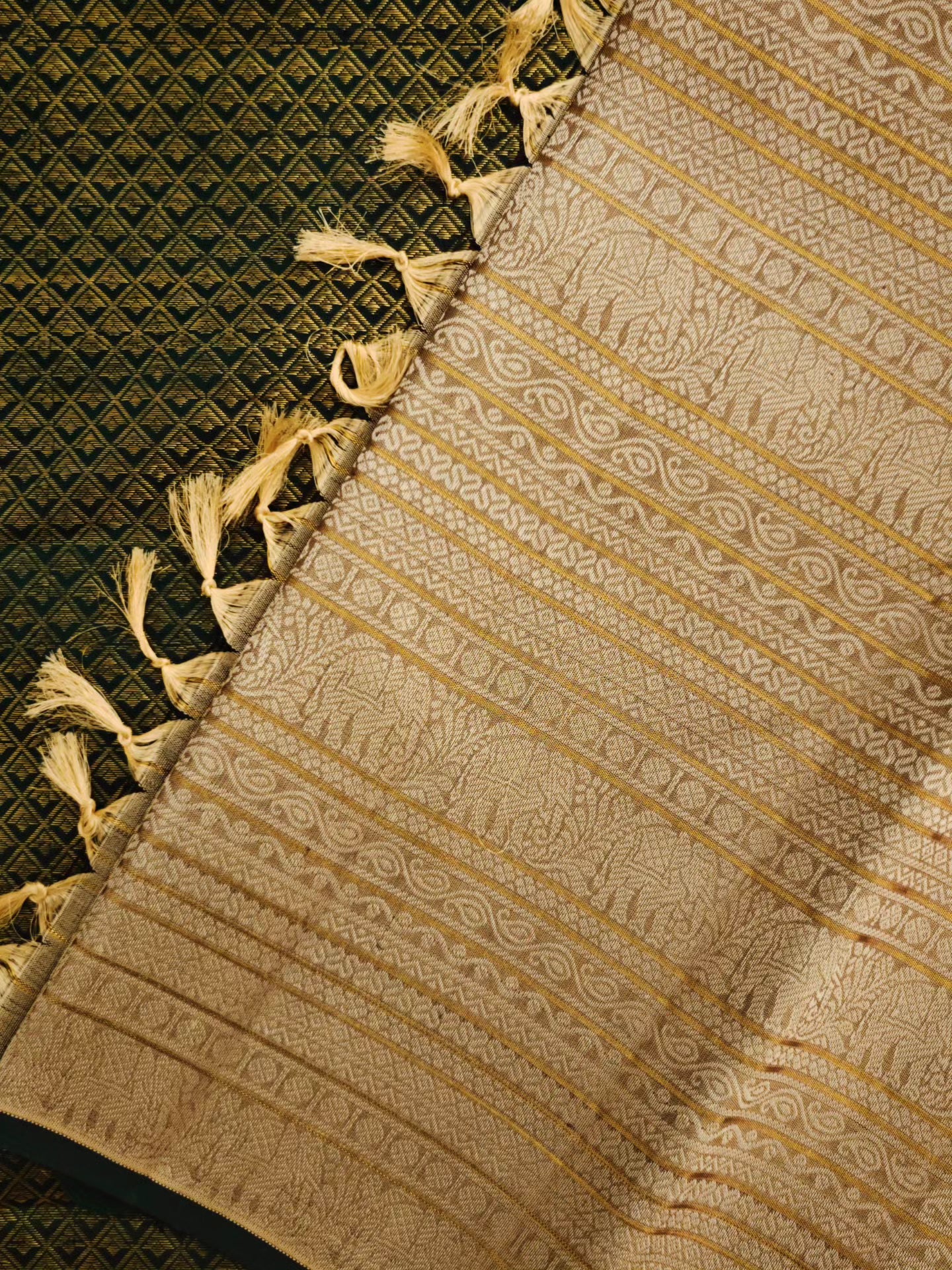 Thread work Kanjivaram silk saree with beige body and green pallu