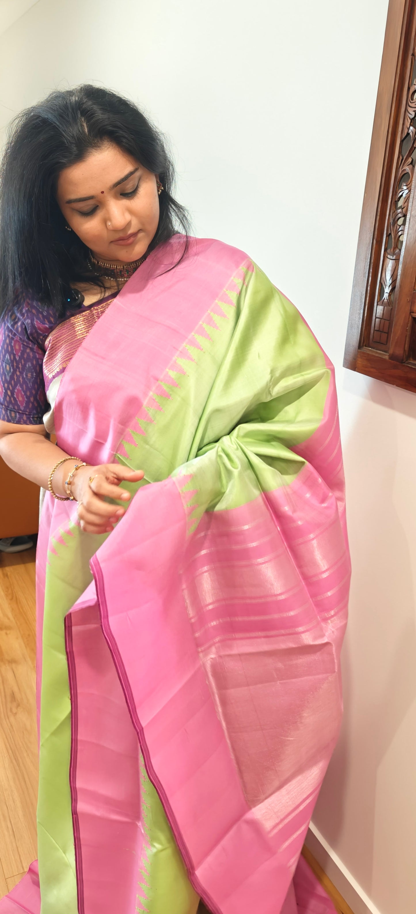 Pista Green and Pink Gadwal silk saree