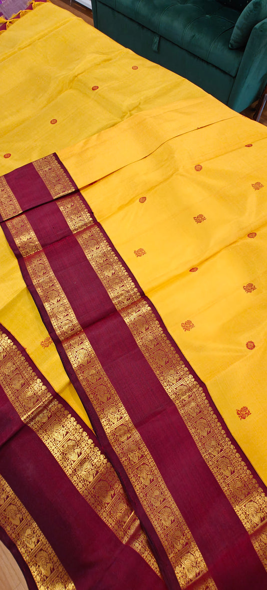 Mustard and Deep Maroon -Kanjivaram Silk Sari
