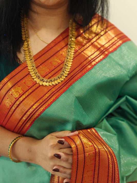 Sea Green and Red Vairaoosi -Handwoven Kanjivaram Sari