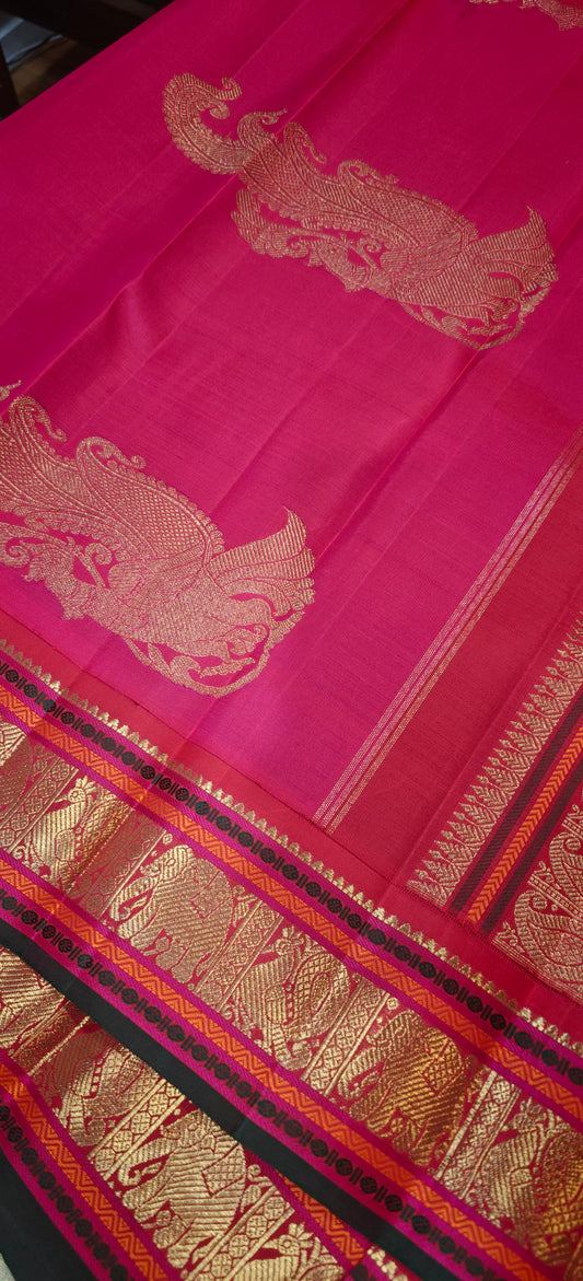 Blue kanjivaram with pink and red double pallu