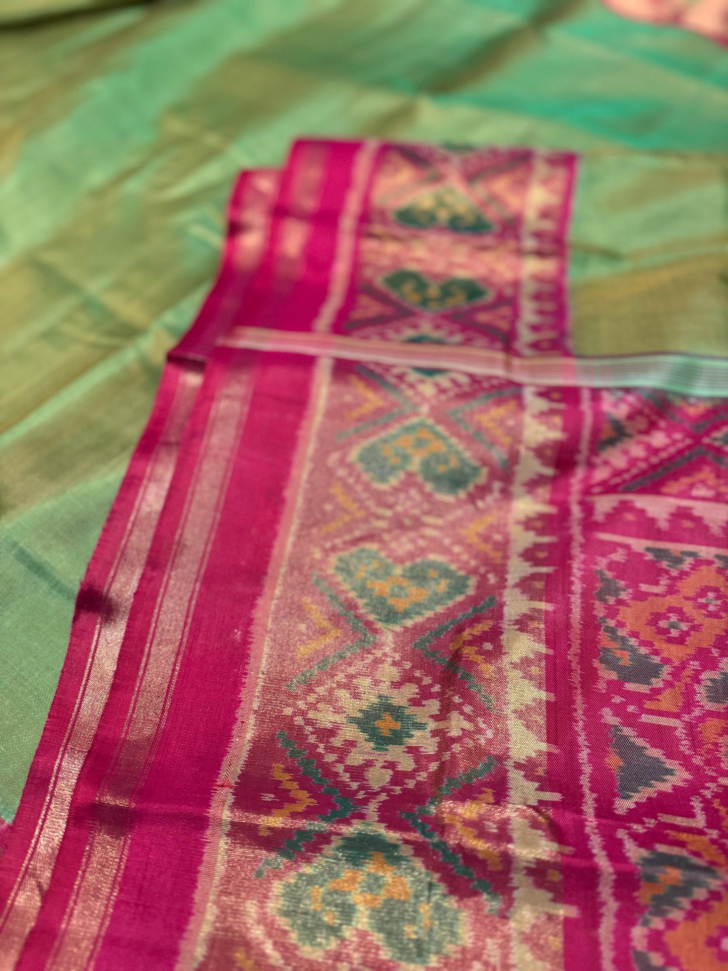 Parrot green and Pink- Patola Ikkat Silk Saree