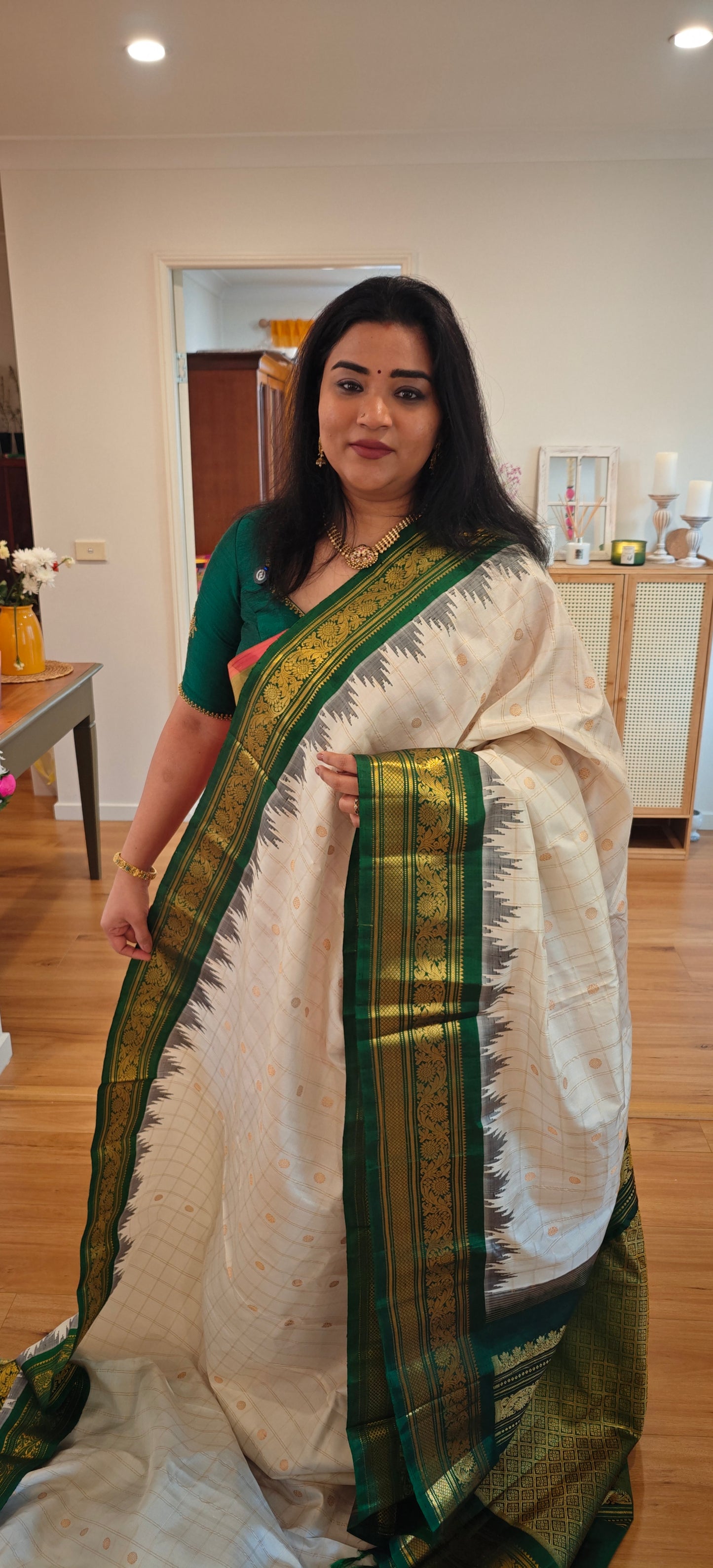 White and Green Handwoven Gadwal Silk Sari
