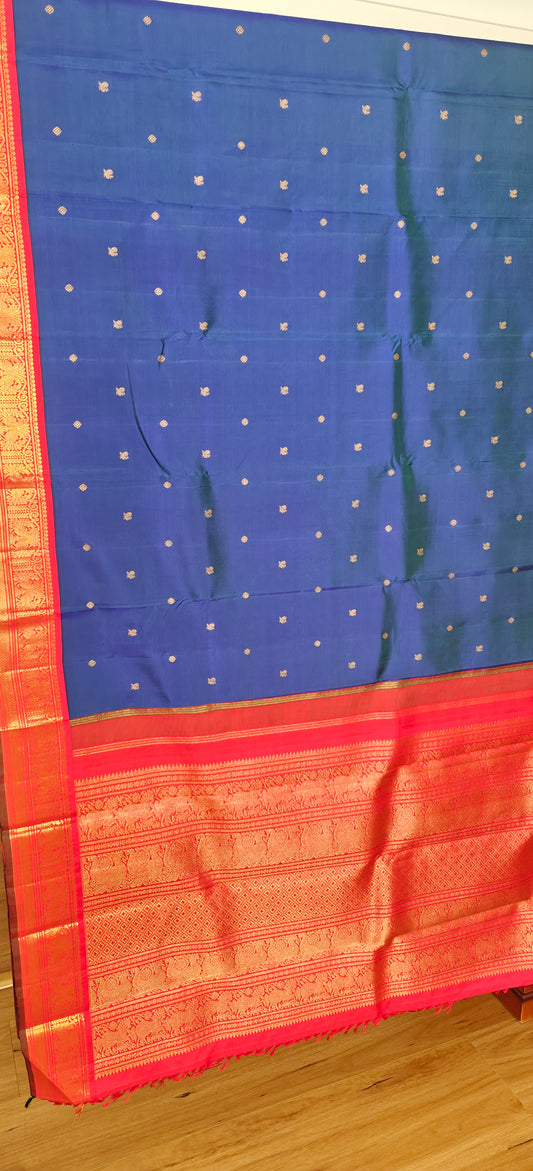 Peacock blue with Red Kanjeevaram silk saree