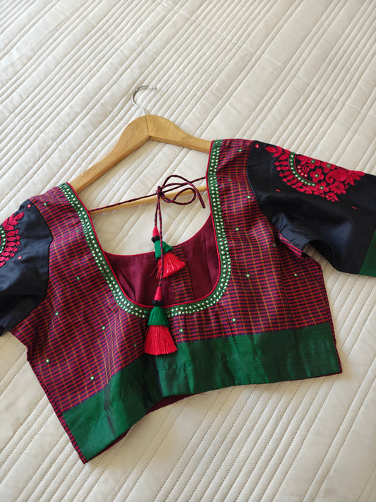 Dark Maroon and Black Silk- Blouse
