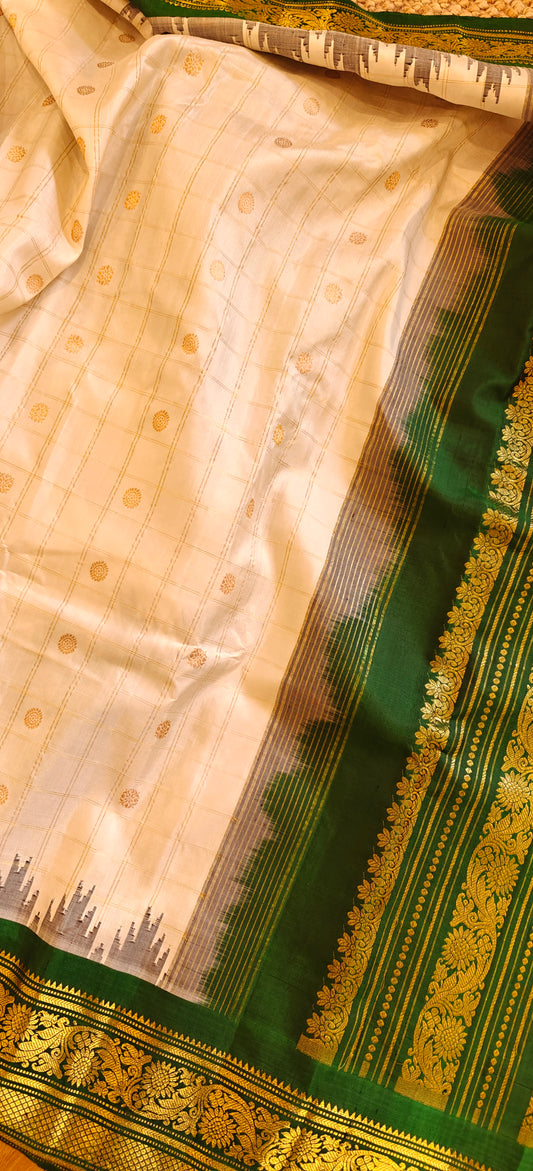 White and Green Handwoven Gadwal Silk Sari