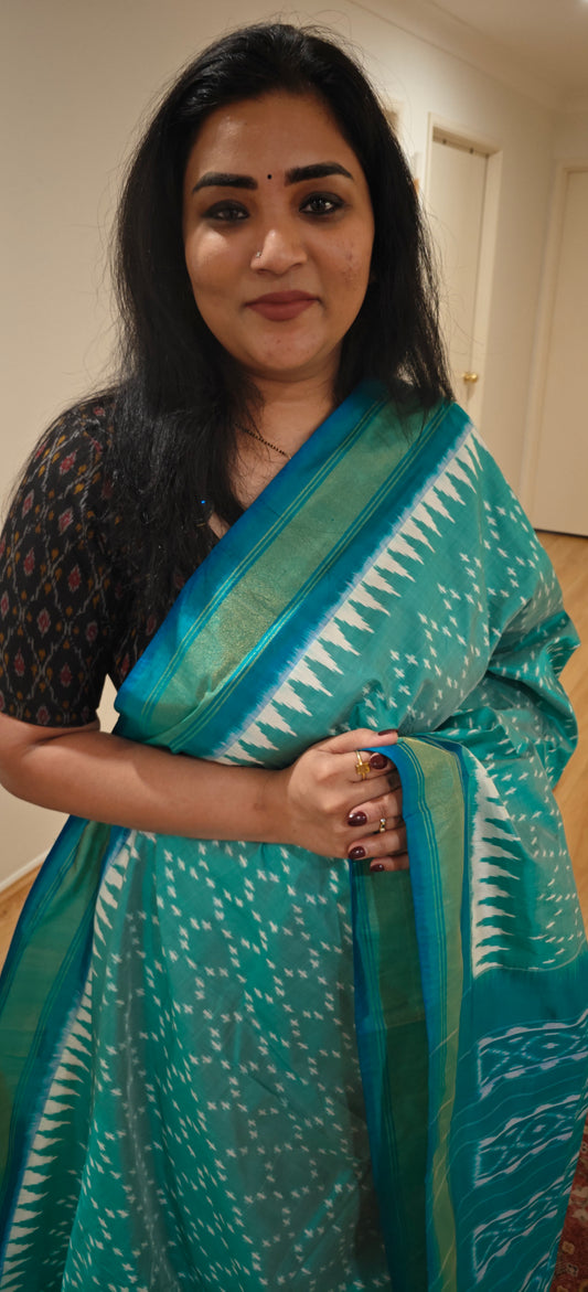 Ice Blue Ikkat Silk Sari