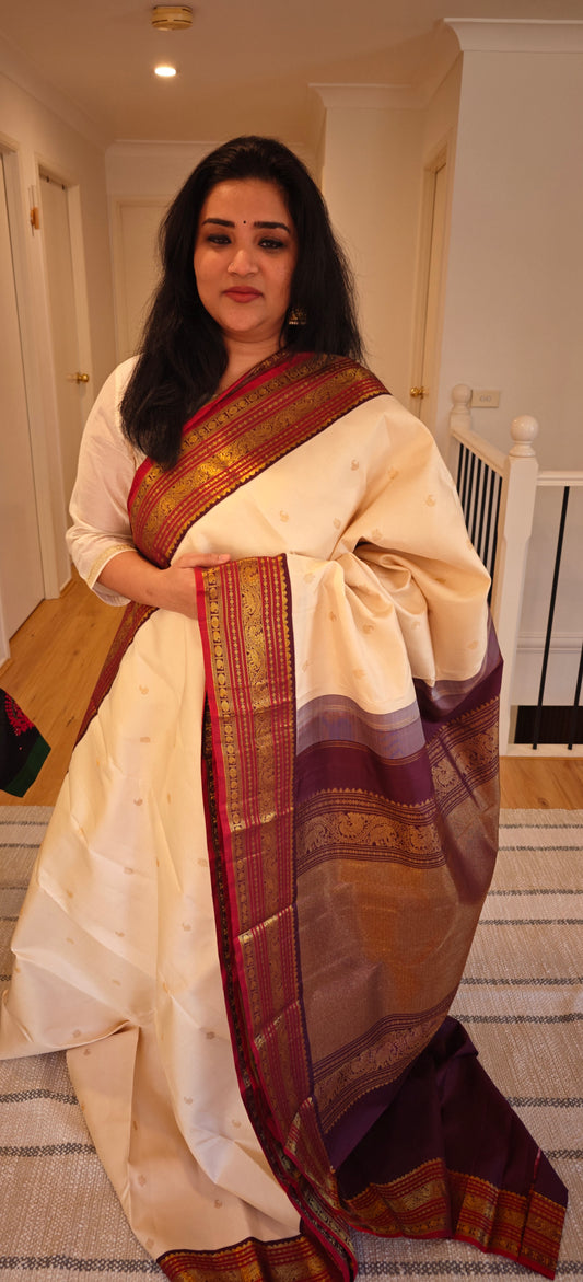 Cream and Brown korvai -Kanjivaram Silk Saree