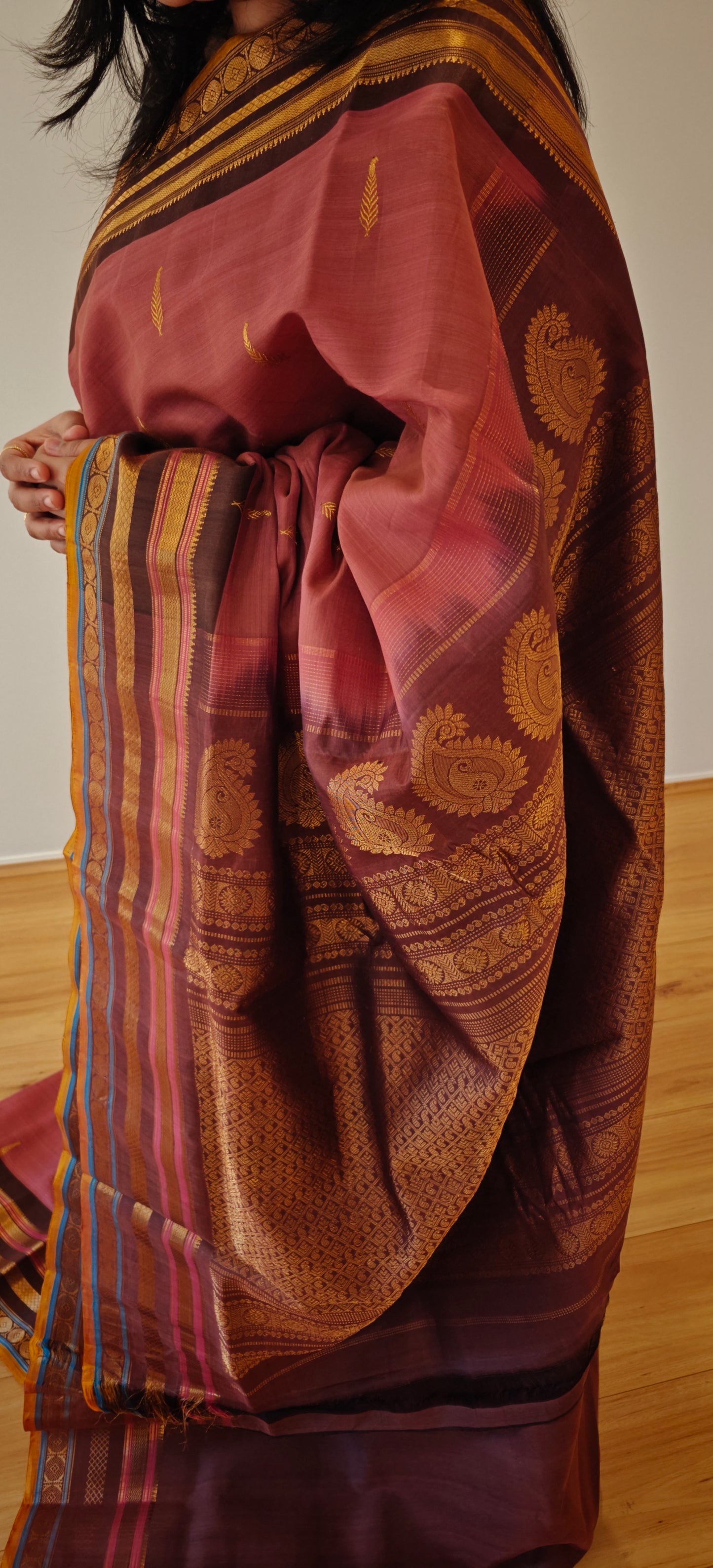 Mauve and Brown Silk Cotton Gadwal saree