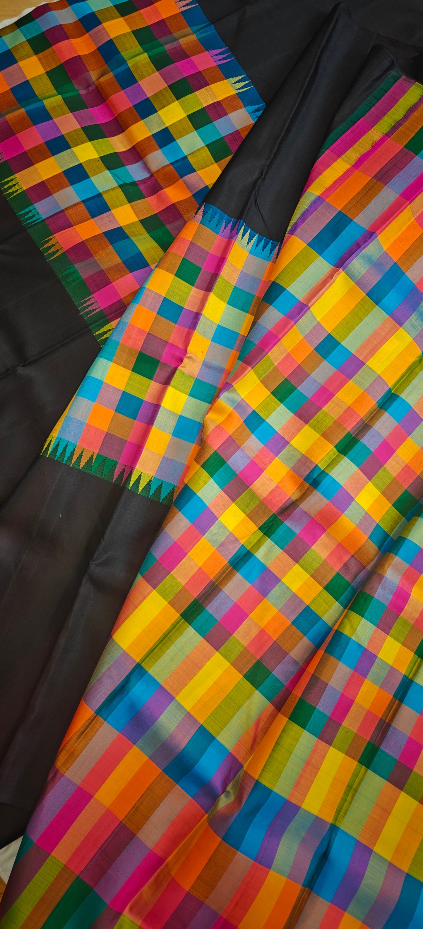 Black and multi colour checks kanjivaram silk saree