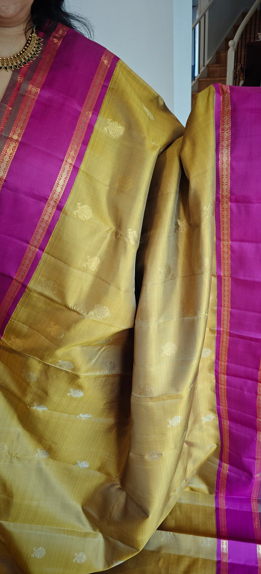 Olive Green and Purple Handwoven Kanjivaram Silk Sari