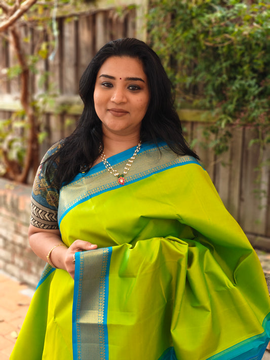 Parrot Green and Blue korvai -Kanjivaram Silk Saree