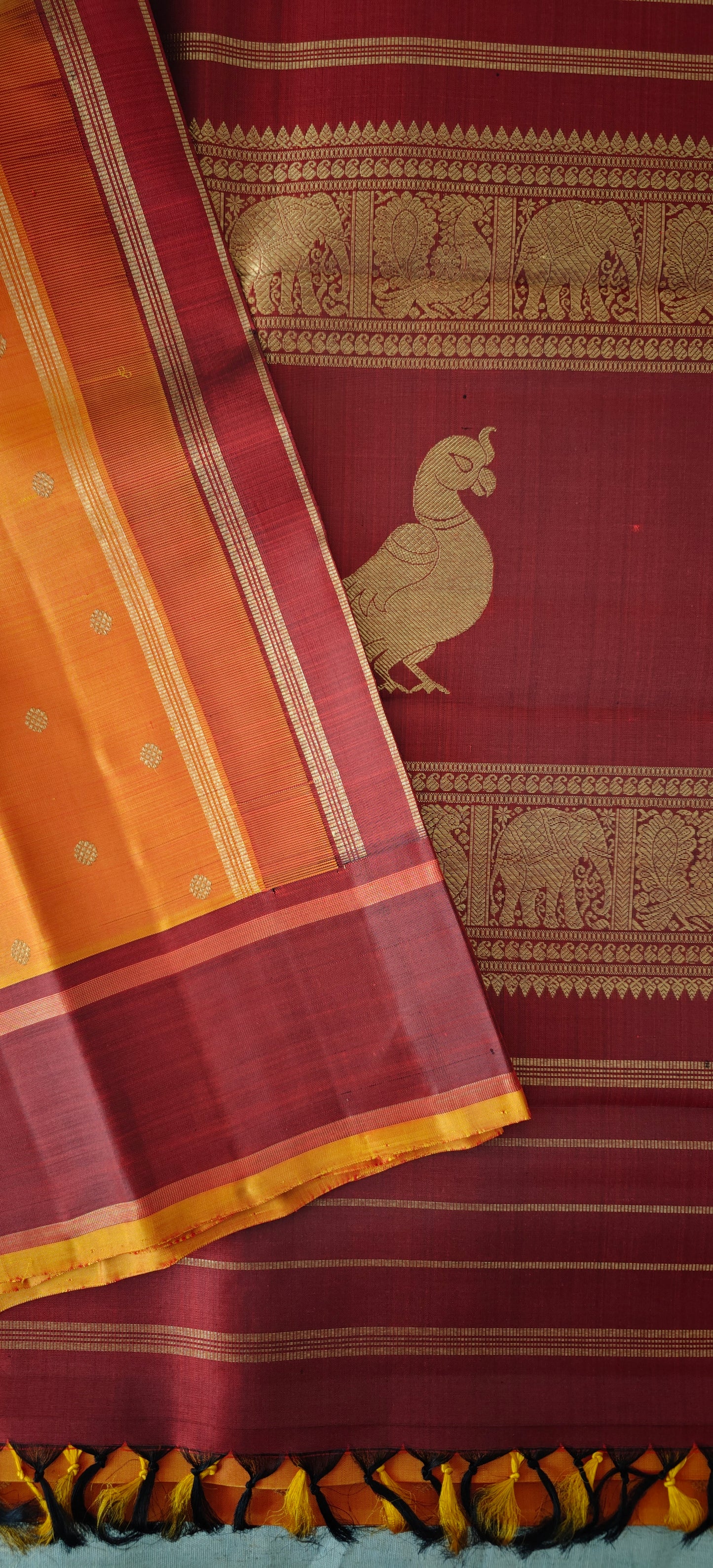 Kesar Orange and Maroon kanjivaram silk saree