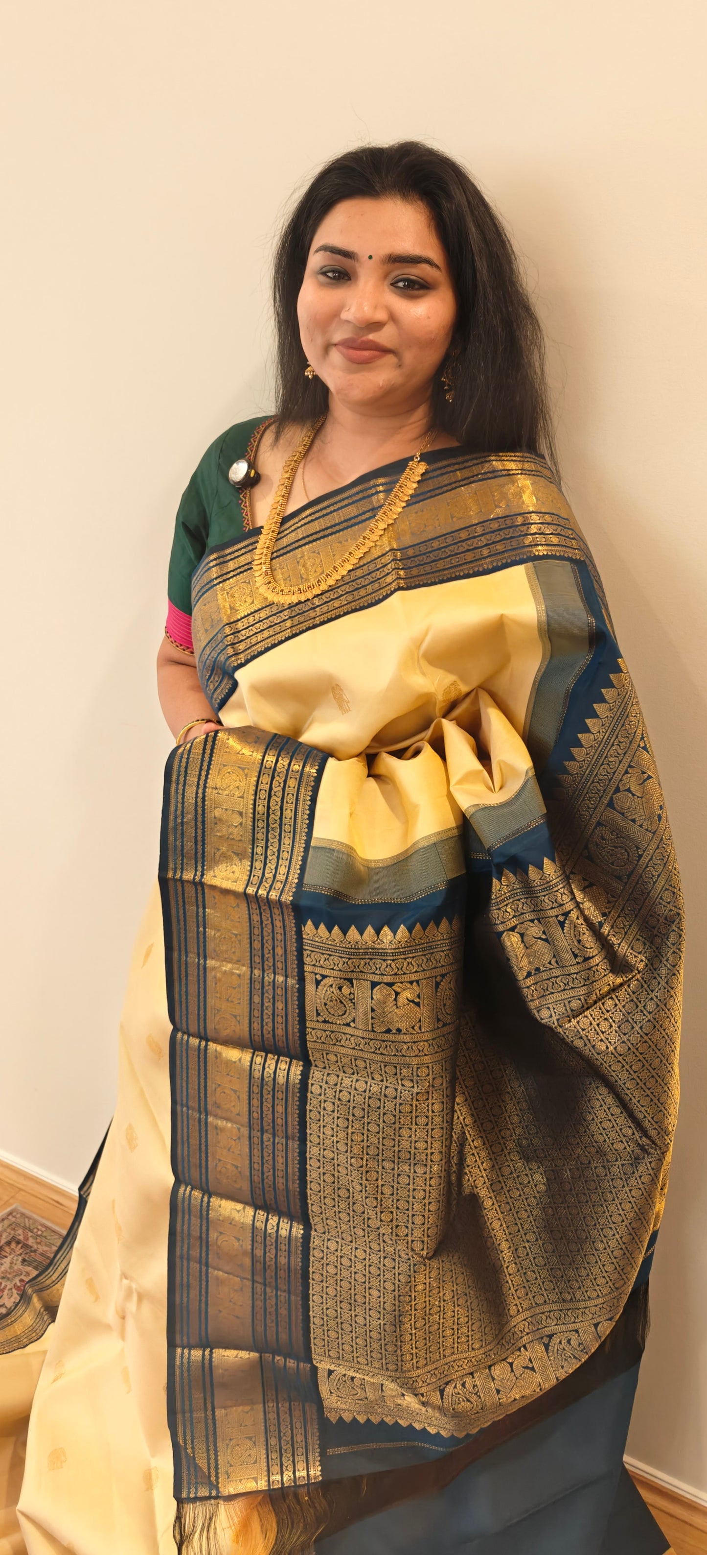 Cream and Blue Korvai Kanjivaram