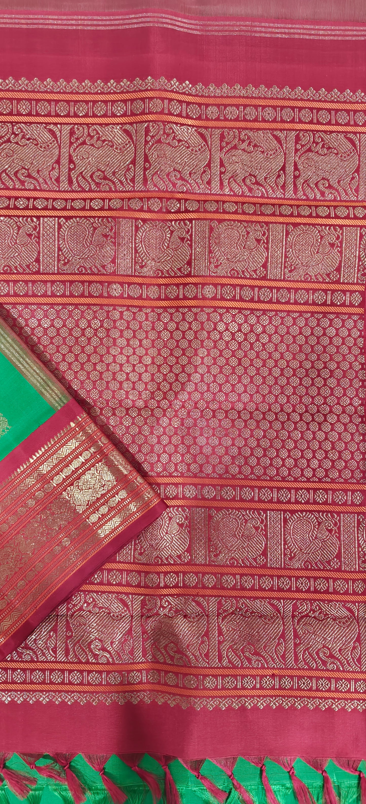 Parrot Green and Red Kanjivaram Saree | 3-gram Zari