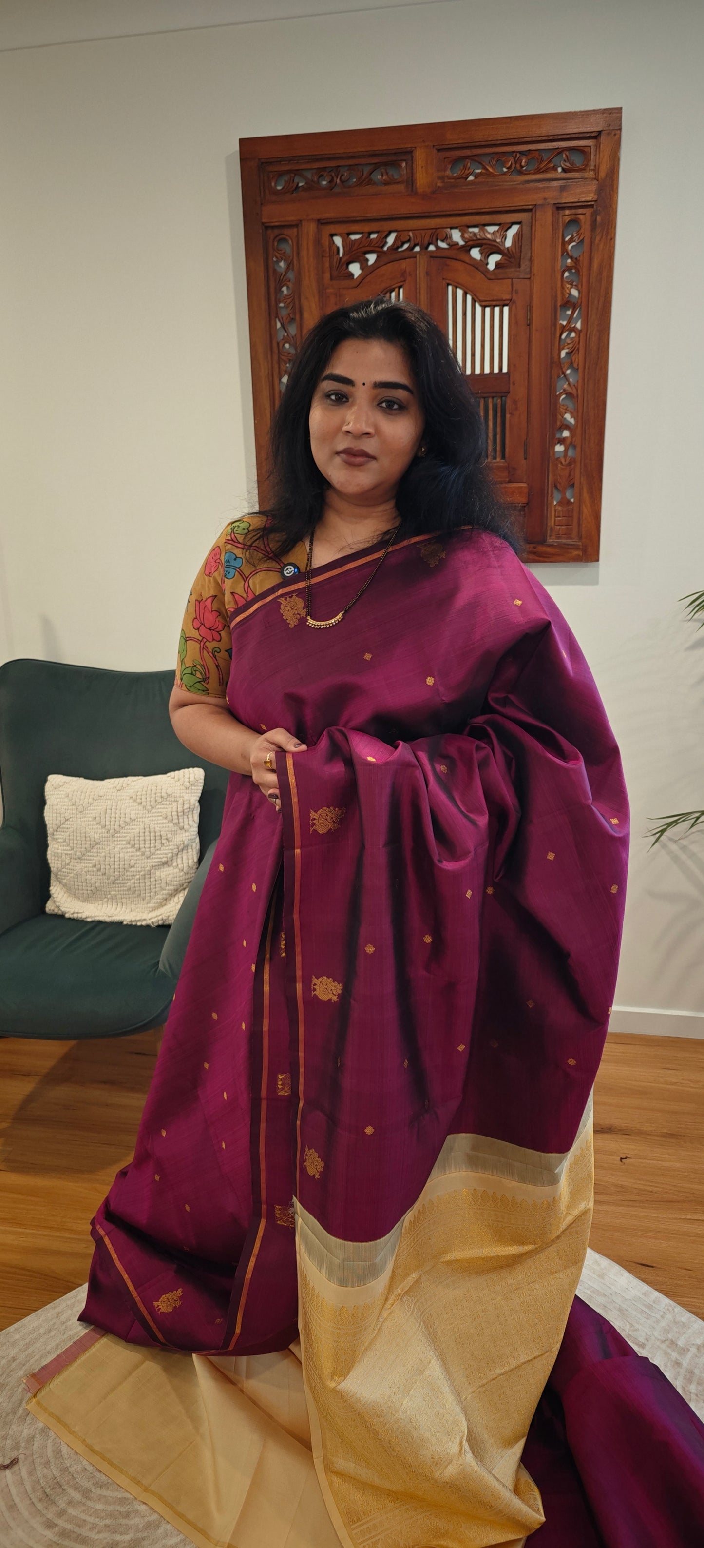Wine and Cream kanjivaram silk sari