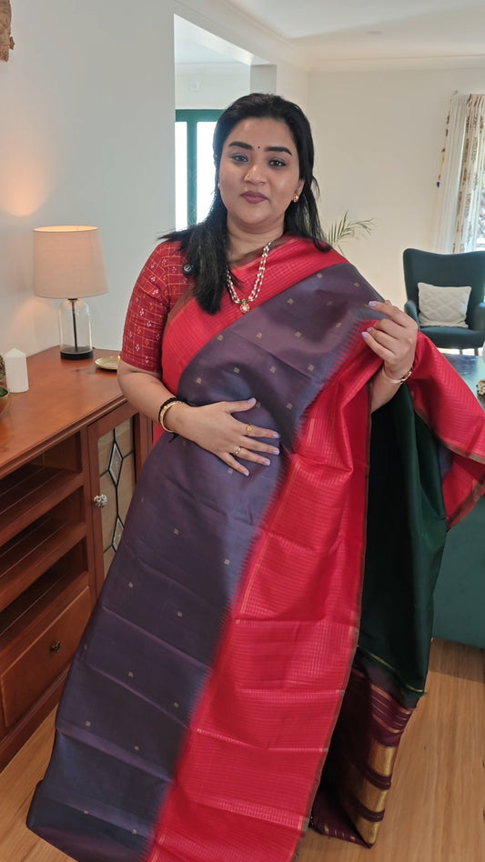 Grey with purple undertone and Red Mubbagam kanjivaram