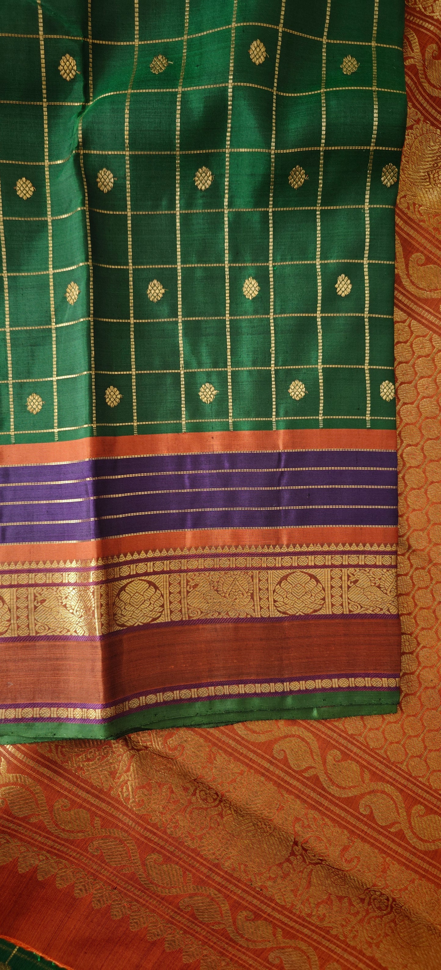 Green and Rust Kanjivaram Saree | 3-gram Zari