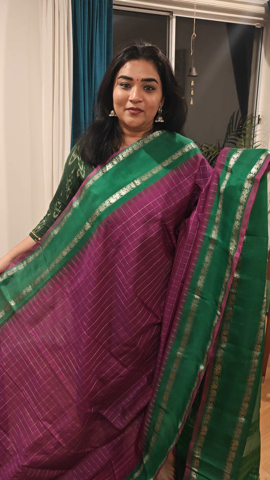 Plum Pink and Leaf Green Gadwal Silk Sari