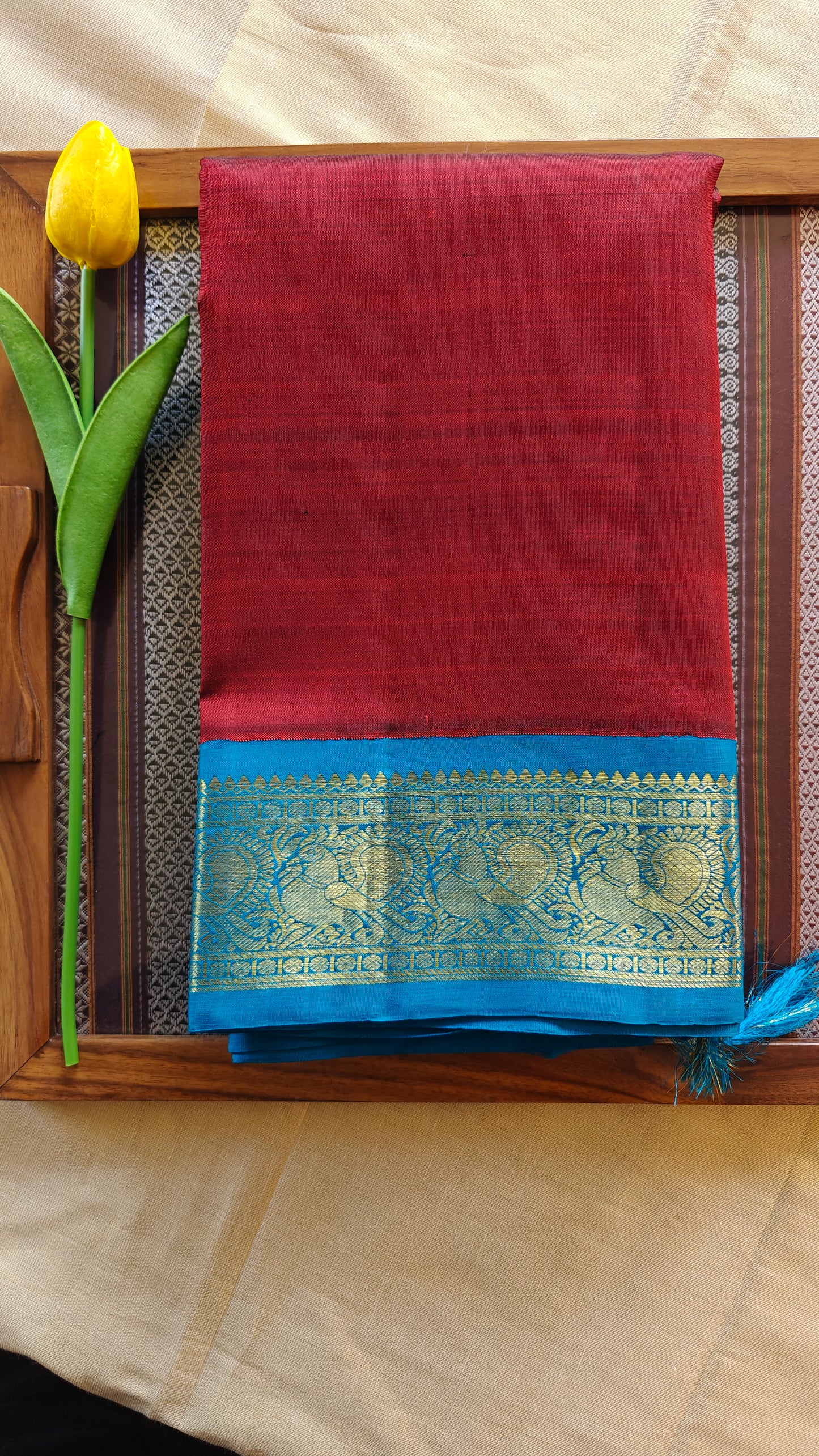 Wine Red and Blue korvai -Kanjivaram Silk Saree