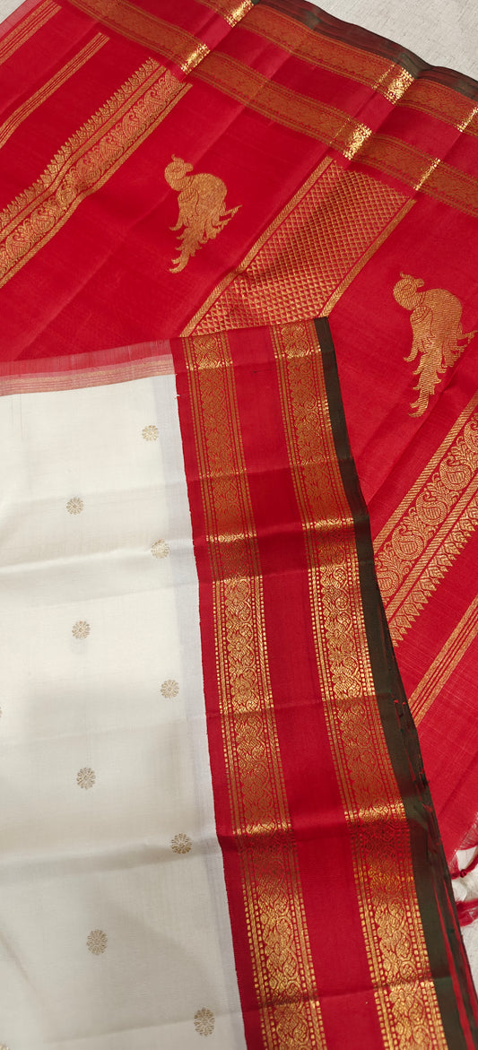 Off White and Red Kanjivaram silk saree