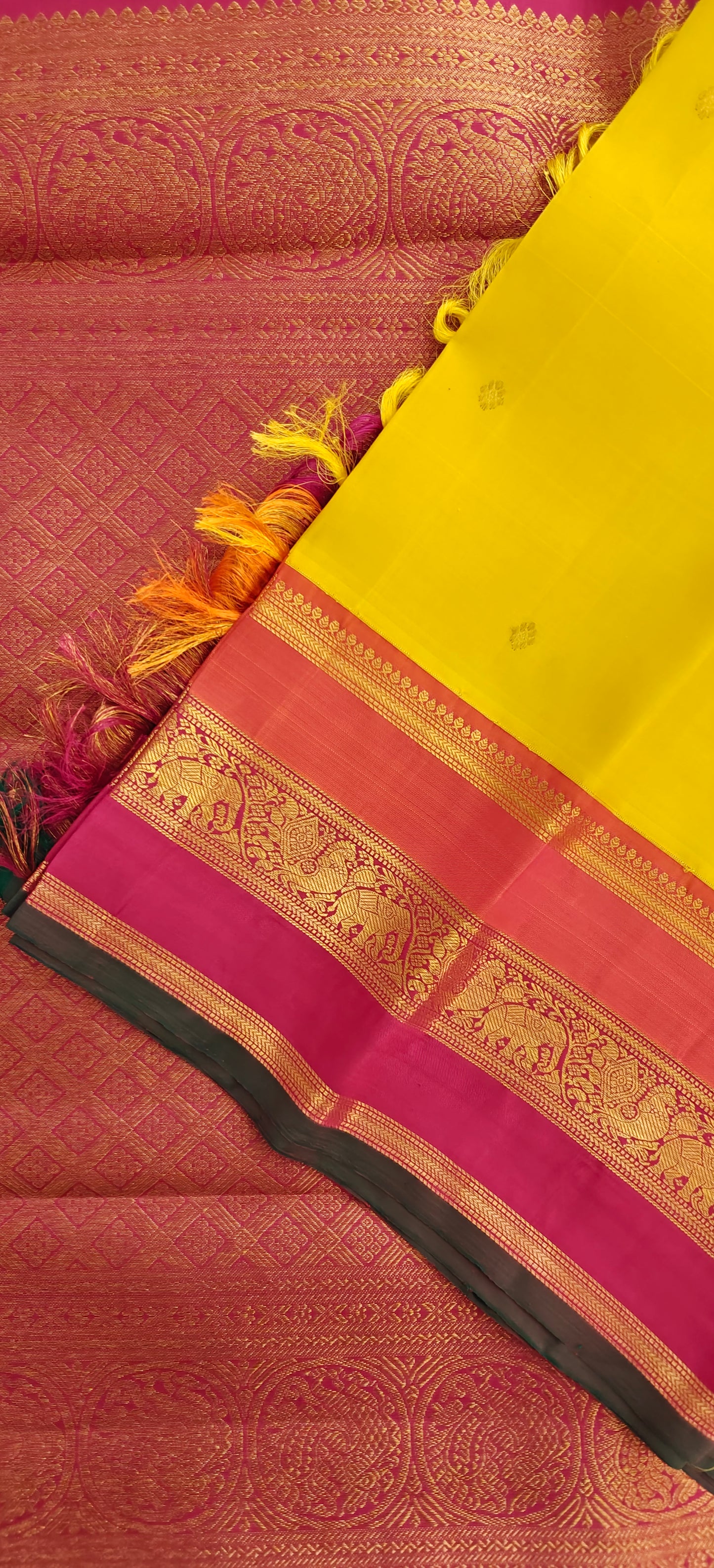 Yellow with orange and pink korvai -Kanjivaram Silk Saree