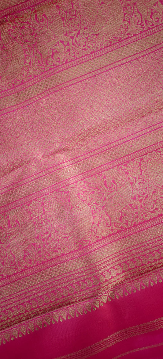 Kesar Orange and Rani Pink Handwoven Kanjivaram Silk Sari