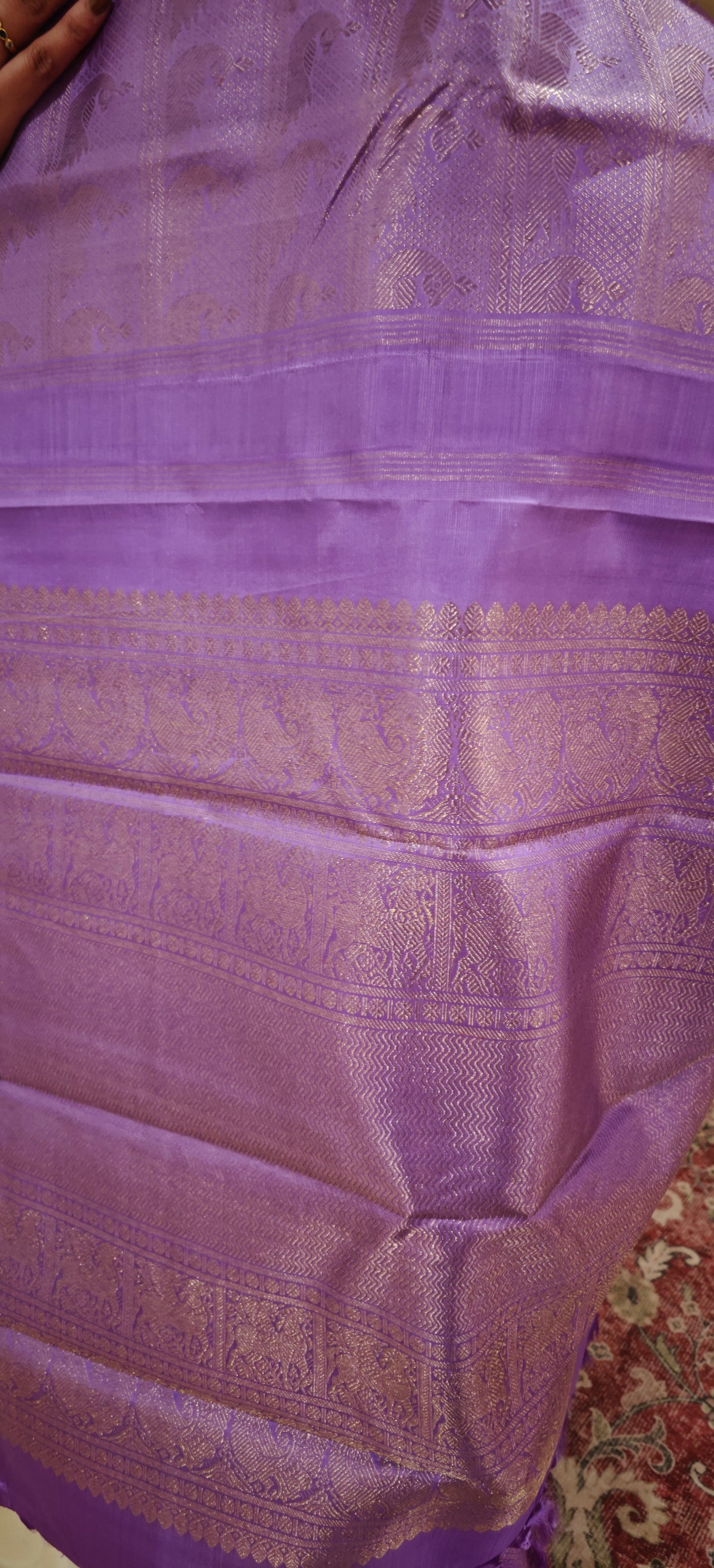 Cream and Lavendar Kanjivaram Silk Sari