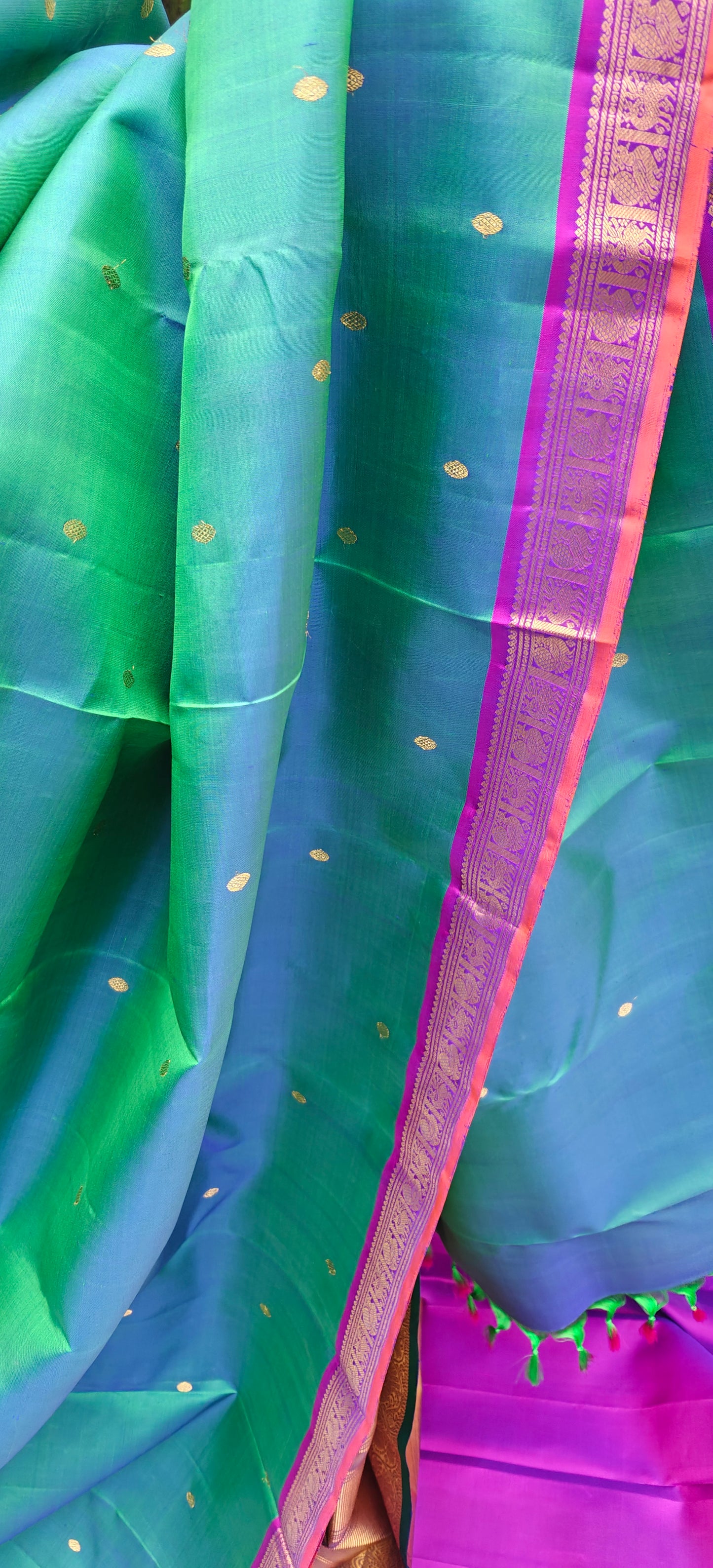 Pre Order:Peacock Green and Violet- Kanjivaram Silk Saree